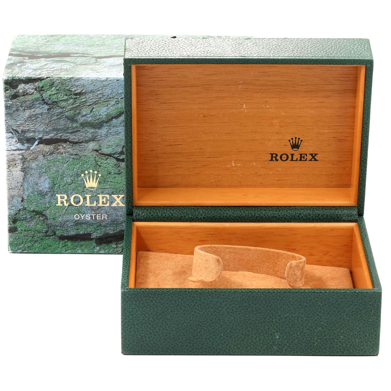 The image shows an open Rolex Submariner 16613 Men
s Steel and Gold (two tone) Champagne Dial 16613 Men
s Steel and Gold (two tone) Champagne Dial watch box at an angle displaying its interior and exterior designs.