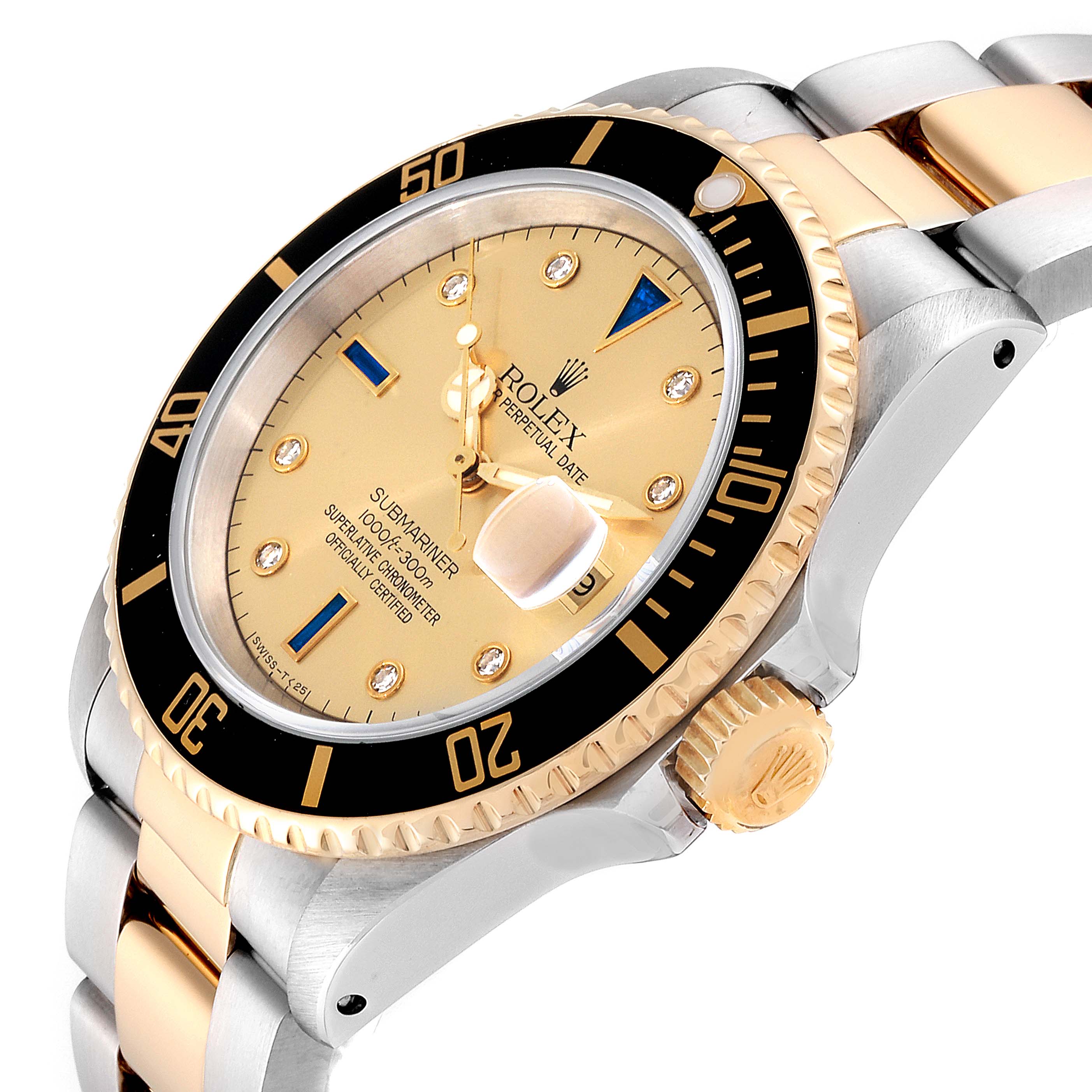 The image shows a close-up angled view of a Rolex Submariner 16613 Men
s Steel and Gold (two tone) Champagne Dial 16613 Men
s Steel and Gold (two tone) Champagne Dial watch, highlighting the dial, bezel, crown, and part of the bracelet.
