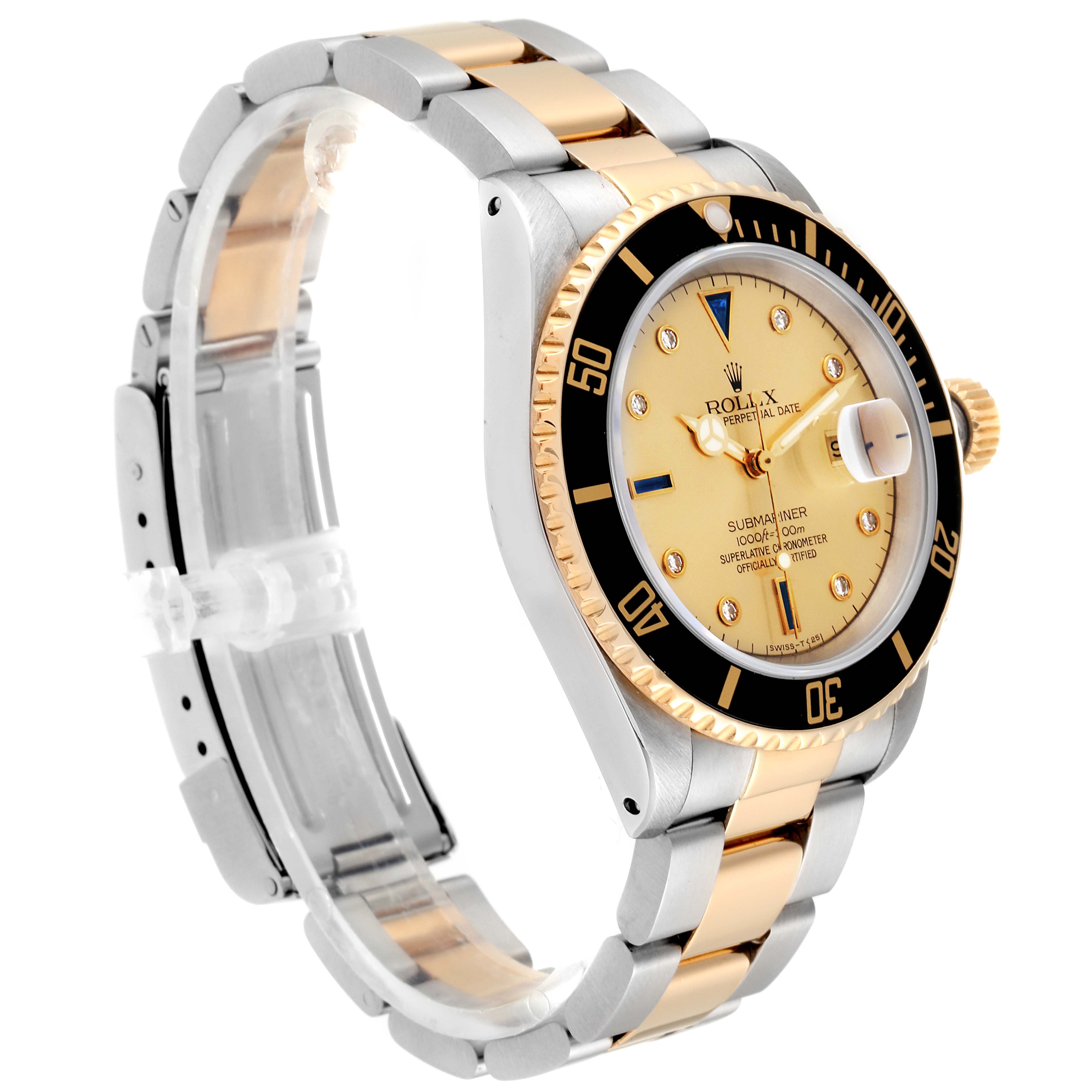 This image shows a Rolex Submariner 16613 Men
s Steel and Gold (two tone) Champagne Dial 16613 Men
s Steel and Gold (two tone) Champagne Dial watch at a three-quarter angle, highlighting the dial, bezel, case, and bracelet.