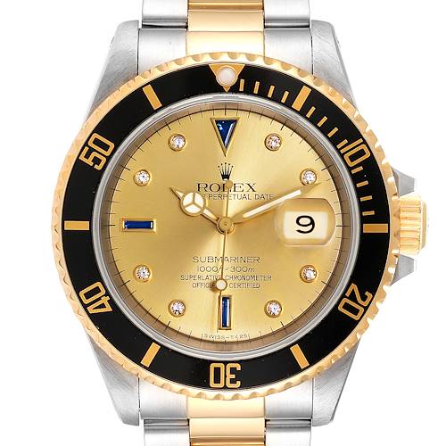 Photo of Rolex Submariner Steel Gold Diamond Sapphire Serti Dial Mens Watch 16613