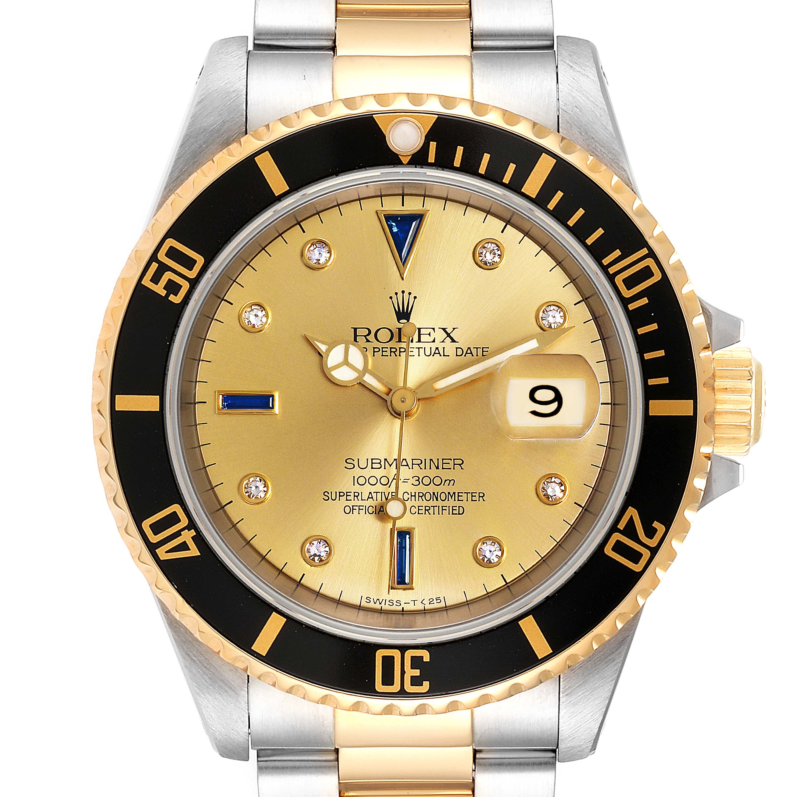 The image shows a front view of a Rolex Submariner 16613 Men
s Steel and Gold (two tone) Champagne Dial 16613 Men
s Steel and Gold (two tone) Champagne Dial watch with a gold dial, two-tone metal bracelet, and black bezel.