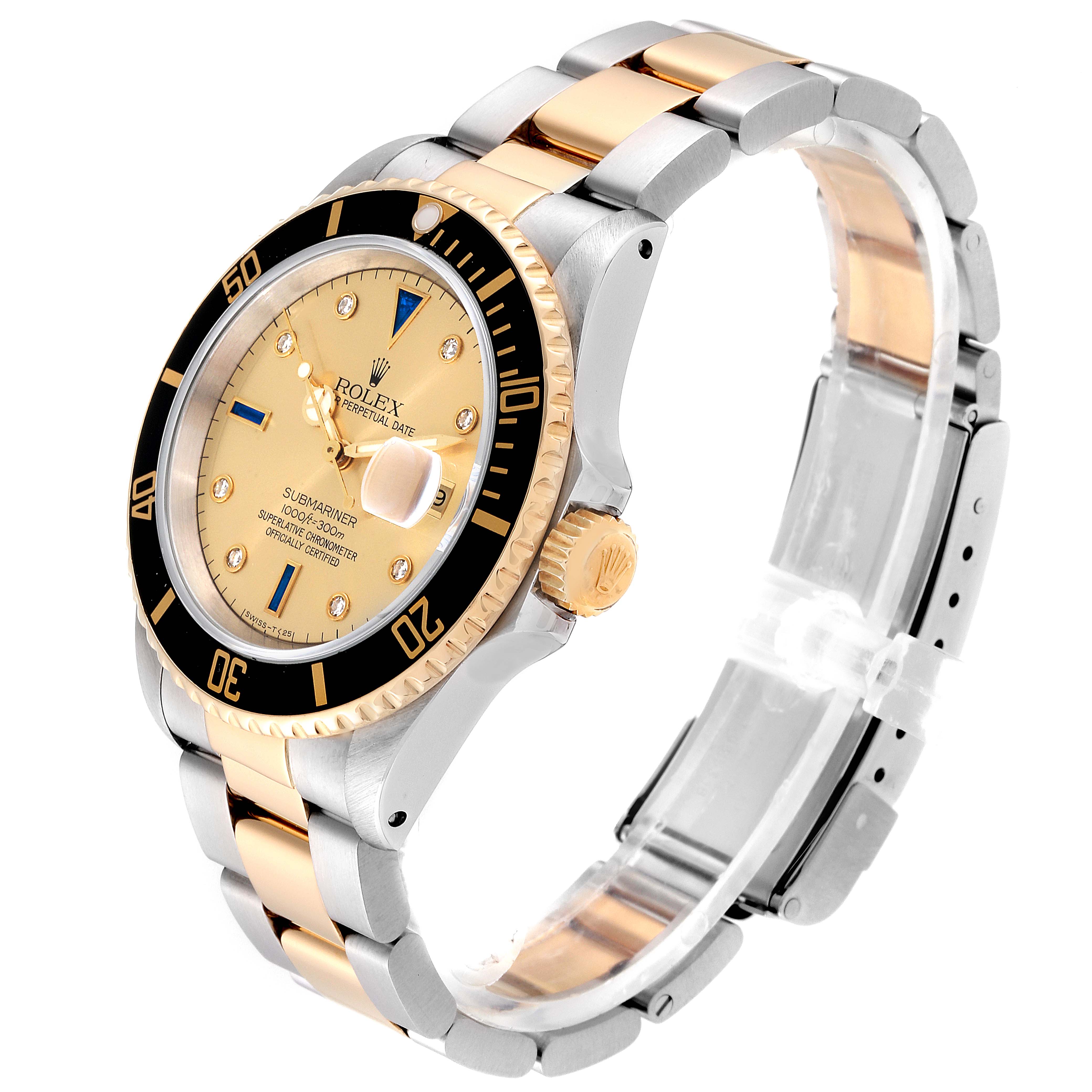 The Rolex Submariner 16613 Men
s Steel and Gold (two tone) Champagne Dial 16613 Men
s Steel and Gold (two tone) Champagne Dial model watch is shown at a three-quarter angle, highlighting its bezel, dial, crown, and two-tone bracelet.
