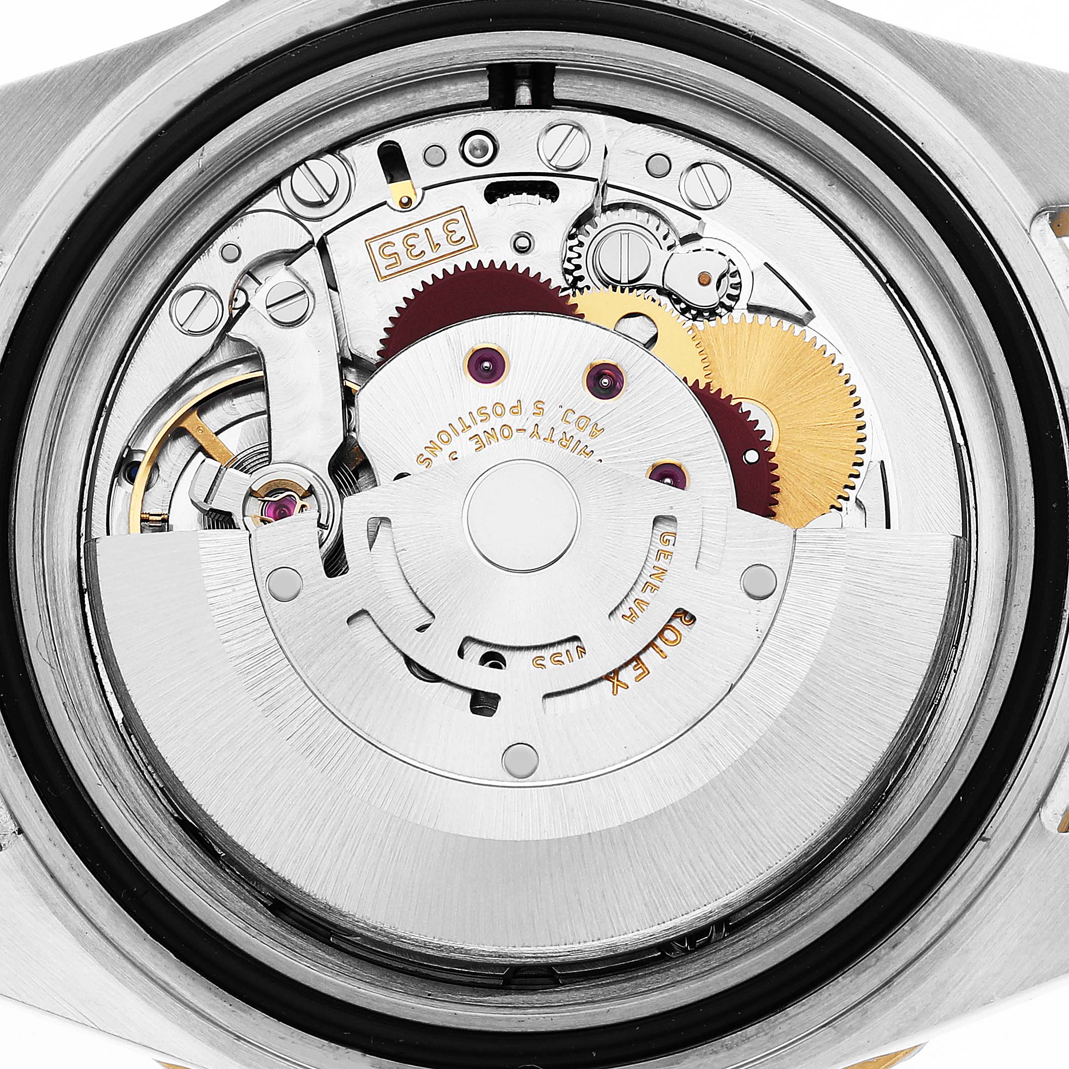 The image shows a close-up of the movement and internal mechanism of a Rolex Submariner 16613LN Men's Steel and Gold (two tone) Black Dial watch from the back.
