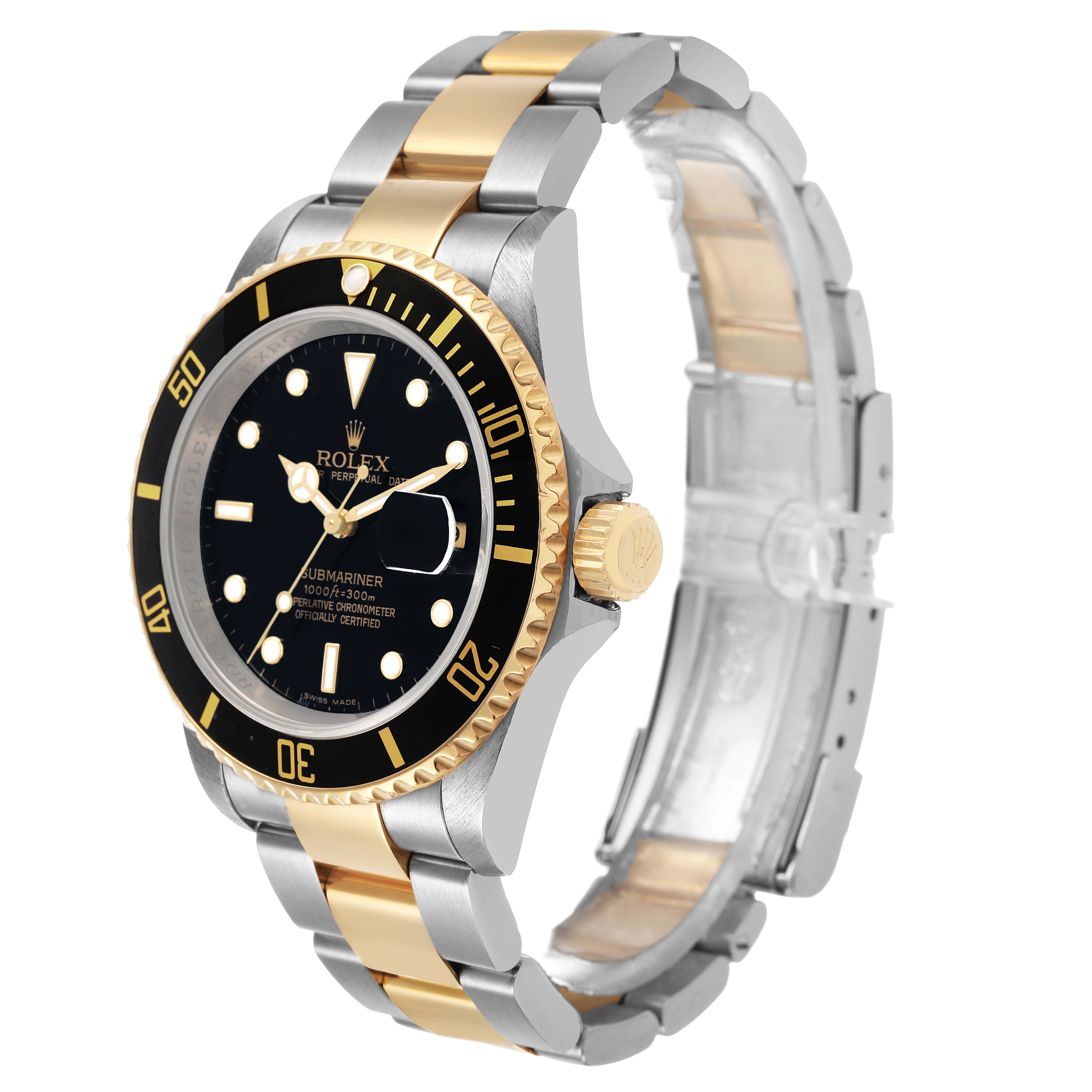 The Rolex Submariner 16613LN Men's Steel and Gold (two tone) Black Dial watch is shown at an angle highlighting its two-tone bracelet, black bezel, and face.