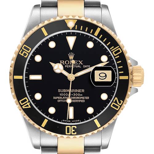 The Rolex Submariner 16613LN Men's Steel and Gold (two tone) Black Dial watch is shown from the front, displaying the dial, bezel, and part of the bracelet.