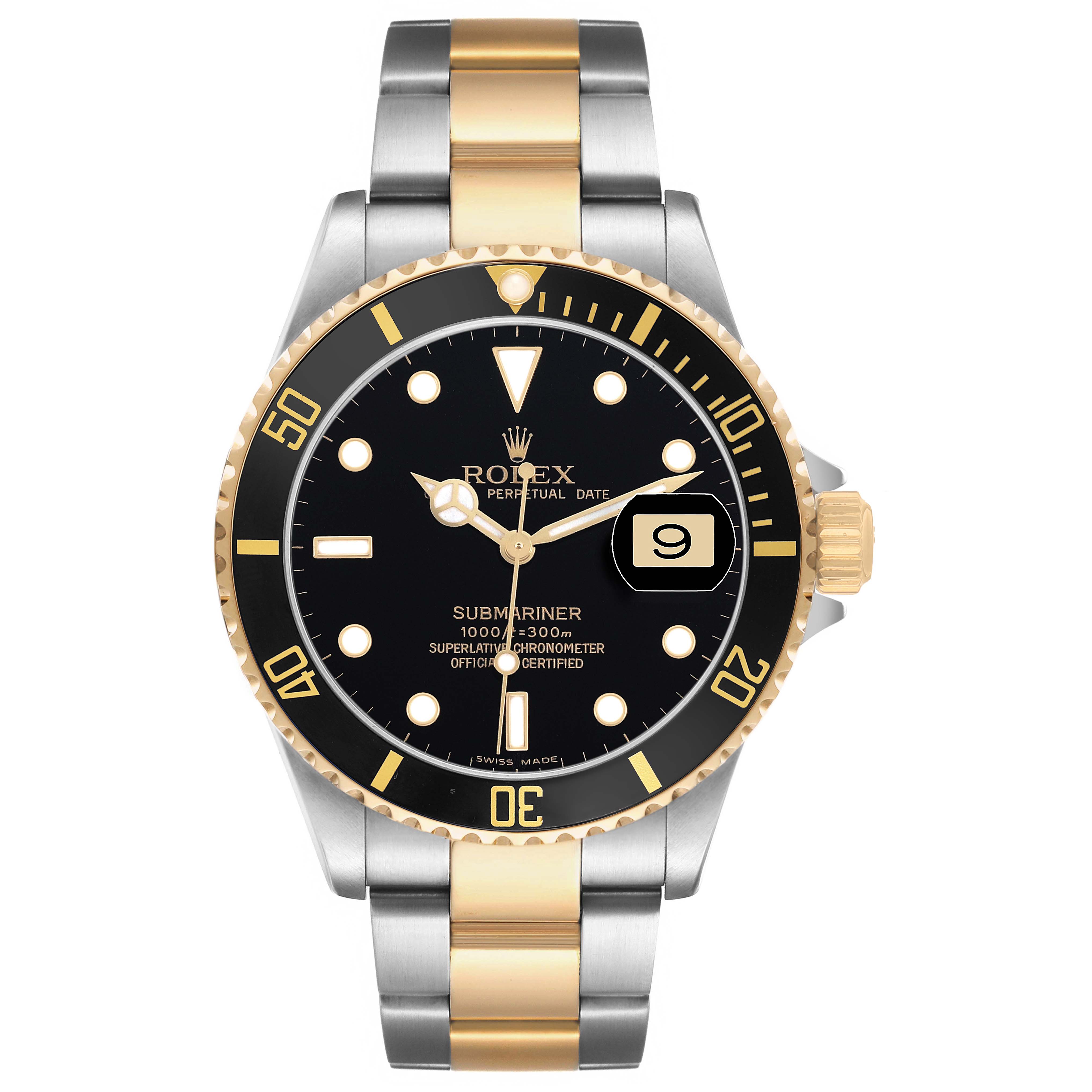 The Rolex Submariner 16613LN Men's Steel and Gold (two tone) Black Dial watch is shown from a straight-on angle, highlighting the dial, bezel, and two-tone bracelet.