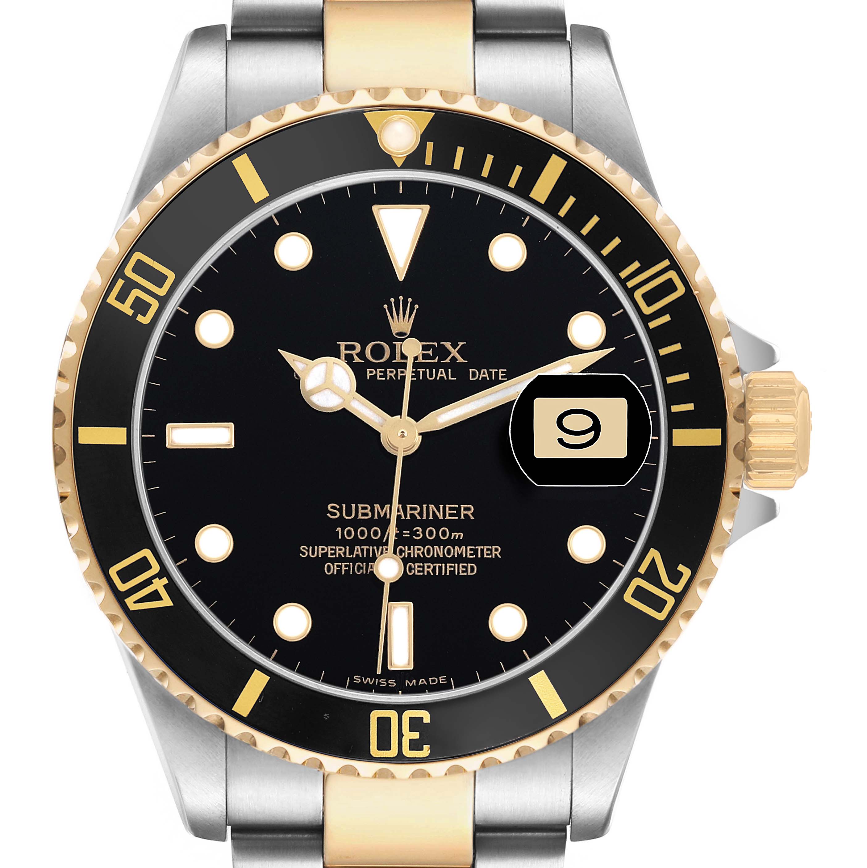 The image shows a Rolex Submariner 16613LN Men's Steel and Gold (two tone) Black Dial watch from a front angle, displaying the dial, bezel, and date window clearly.