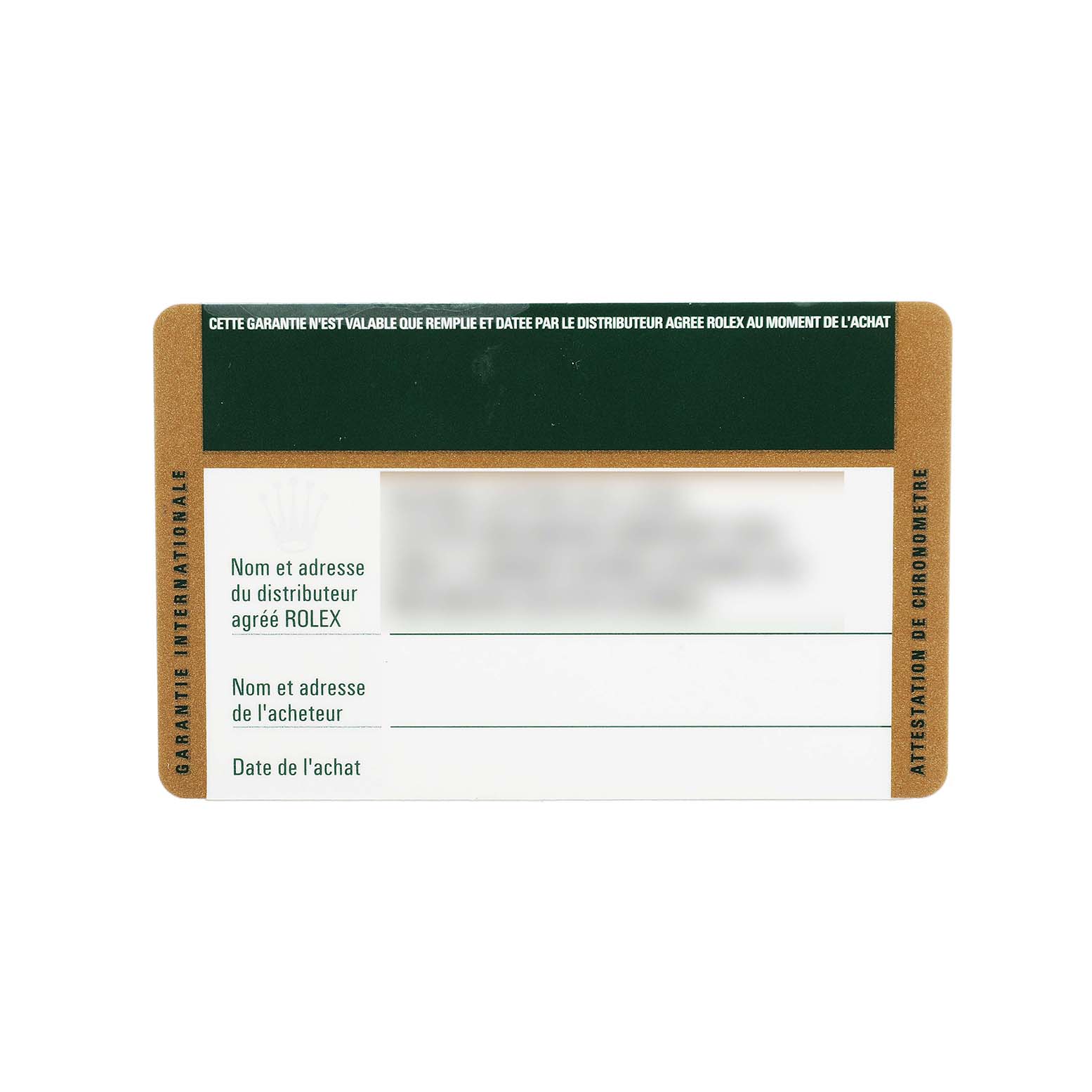 This image shows the warranty card for a Rolex Submariner 16613LN Men's Steel and Gold (two tone) Black Dial watch, displaying text areas for distributor and buyer details.