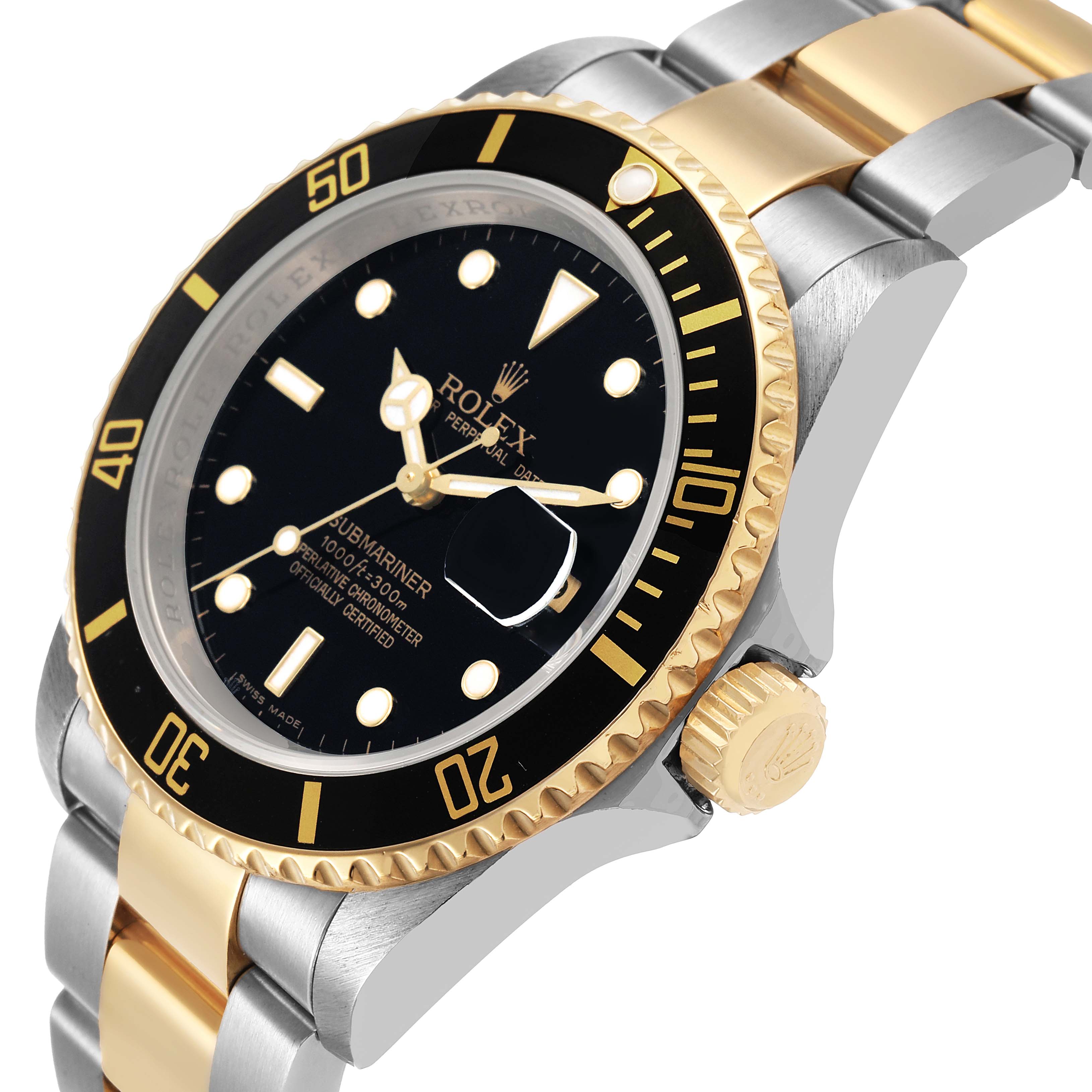 The Rolex Submariner 16613LN Men's Steel and Gold (two tone) Black Dial watch is shown at an angled side view, highlighting its gold and silver bracelet, bezel, and crown.