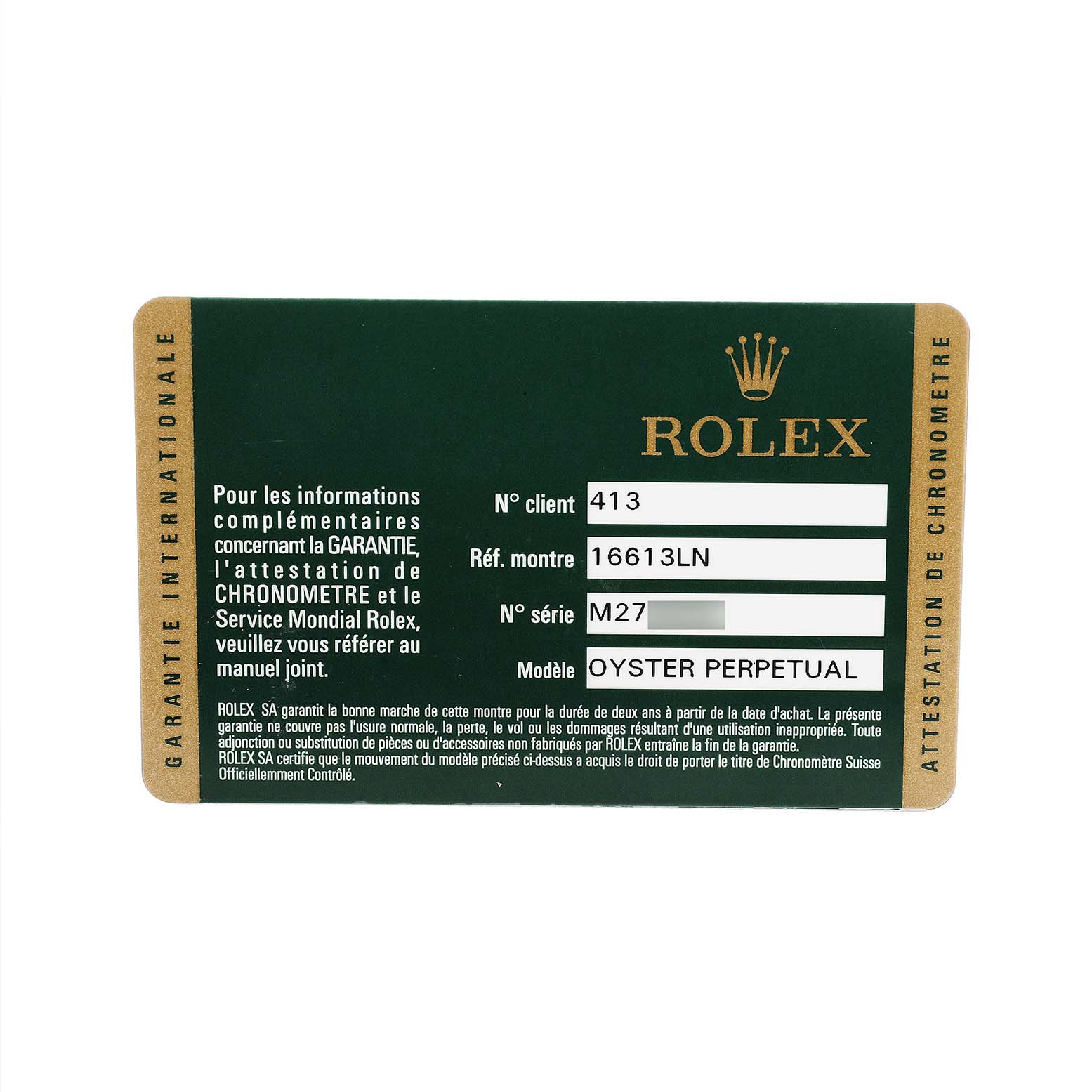 The image shows a Rolex warranty card for the Submariner model, featuring text and branding details.
