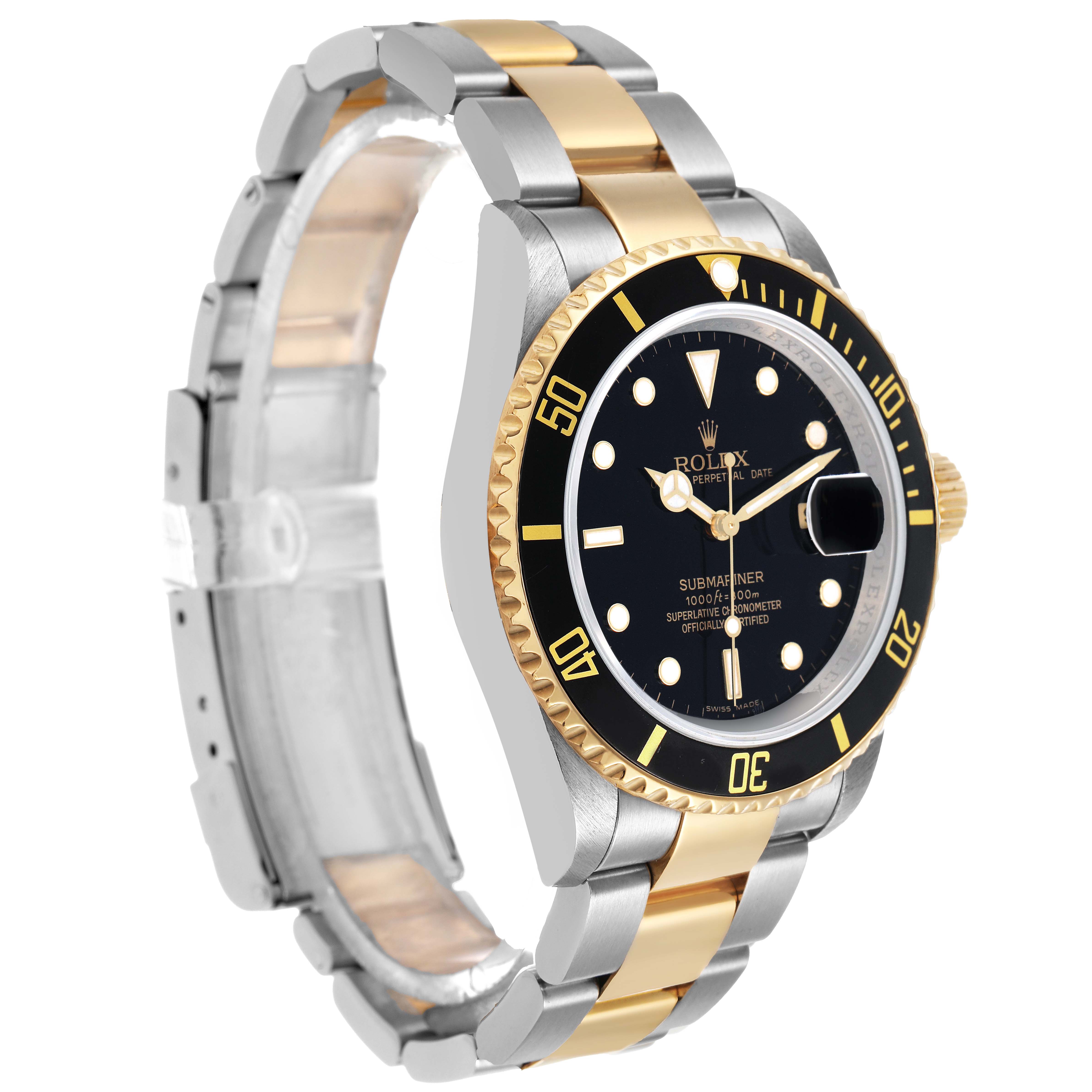 The Rolex Submariner 16613LN Men's Steel and Gold (two tone) Black Dial watch is shown at a slight angle, highlighting the stainless steel and gold bracelet, black dial, and bezel.