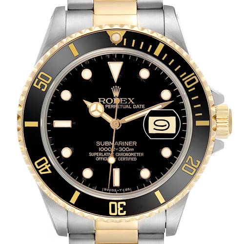 The Rolex Submariner 16803 Men's Steel and Gold (two tone) Black Dial watch is shown from a front angle, displaying the bezel, dial, hands, and date window.
