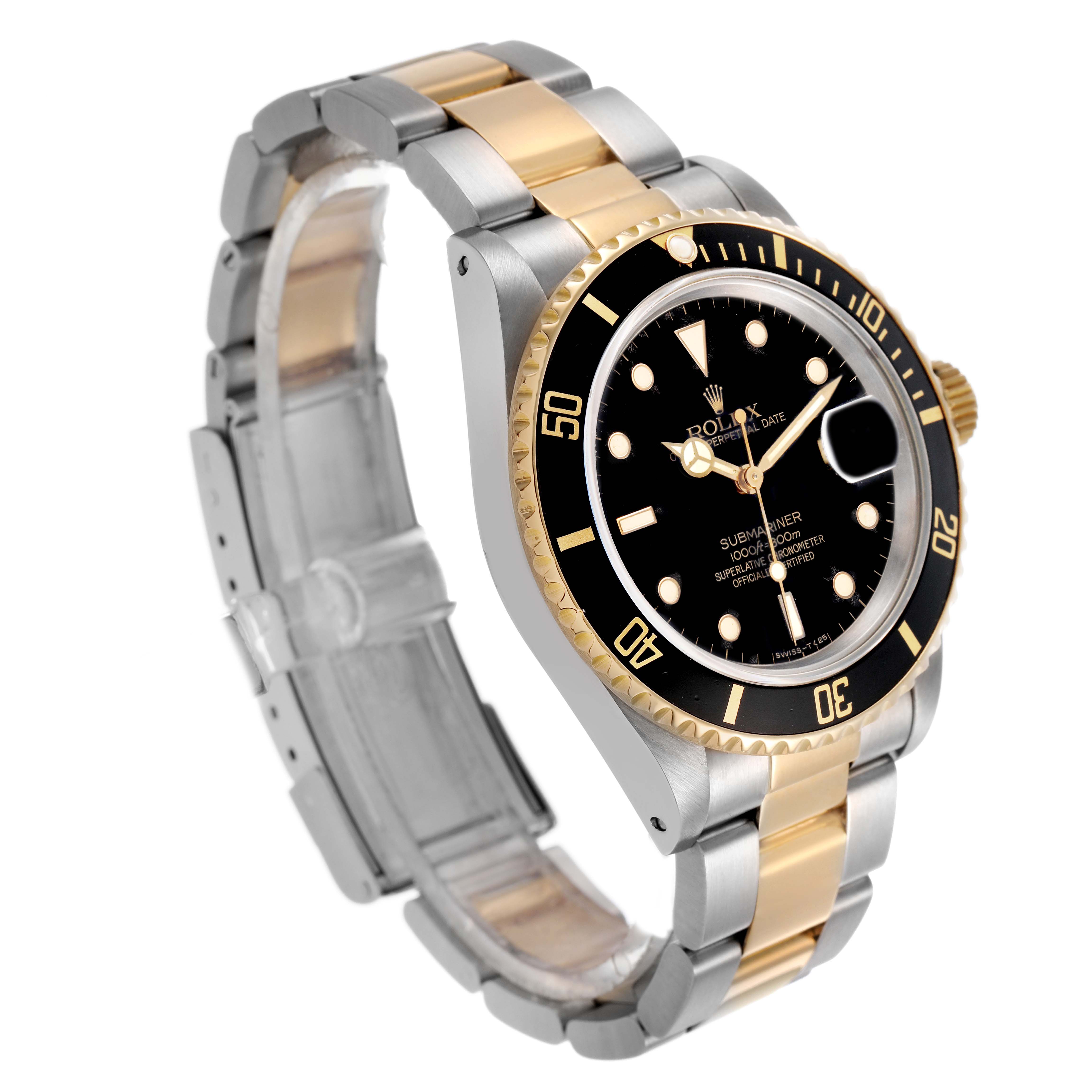 The Rolex Submariner 16803 Men's Steel and Gold (two tone) Black Dial is shown at a tilted angle, highlighting the black dial, gold bezel, and two-tone bracelet.