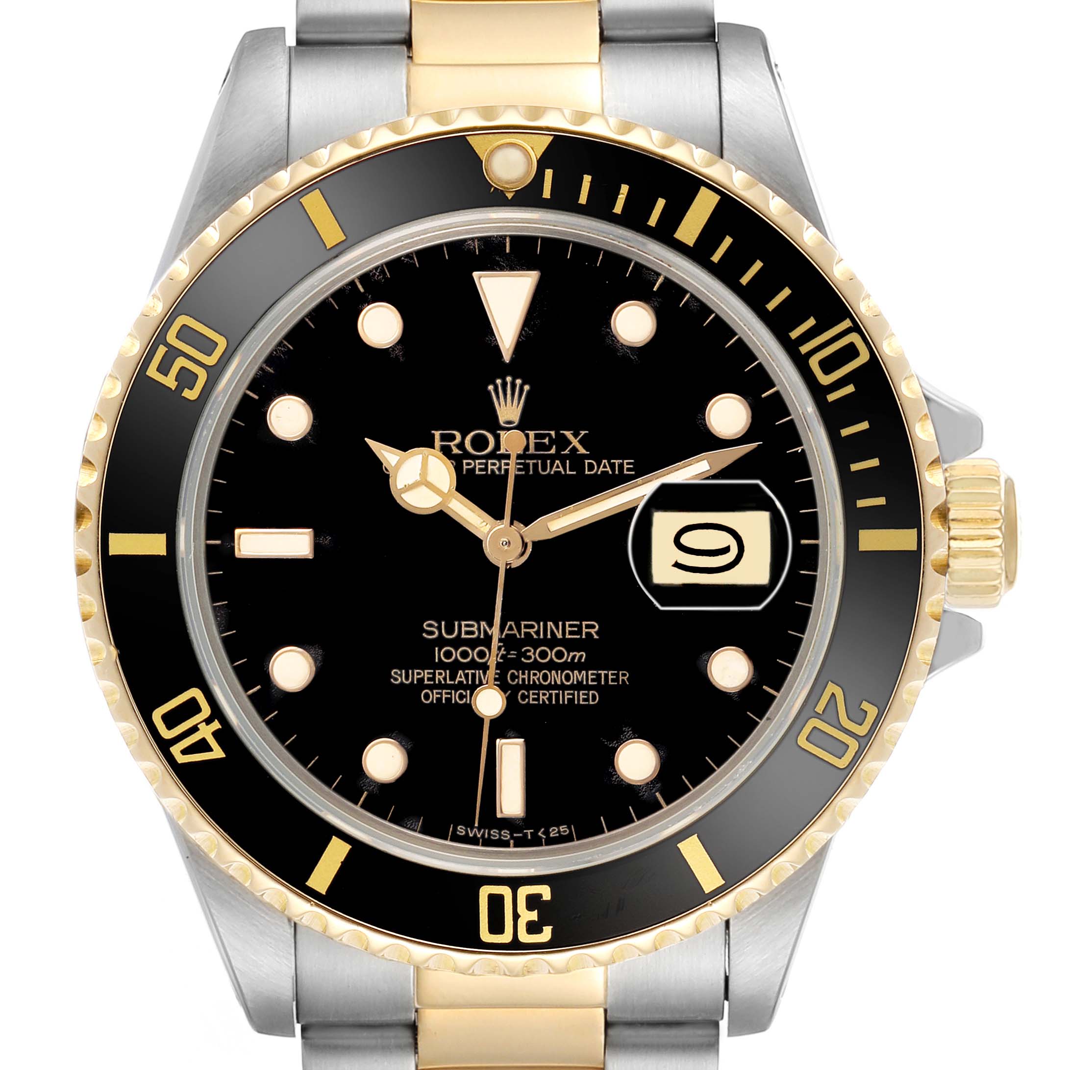 The Rolex Submariner 16803 Men's Steel and Gold (two tone) Black Dial watch is shown from the front, displaying the dial, bezel, and part of the bracelet.