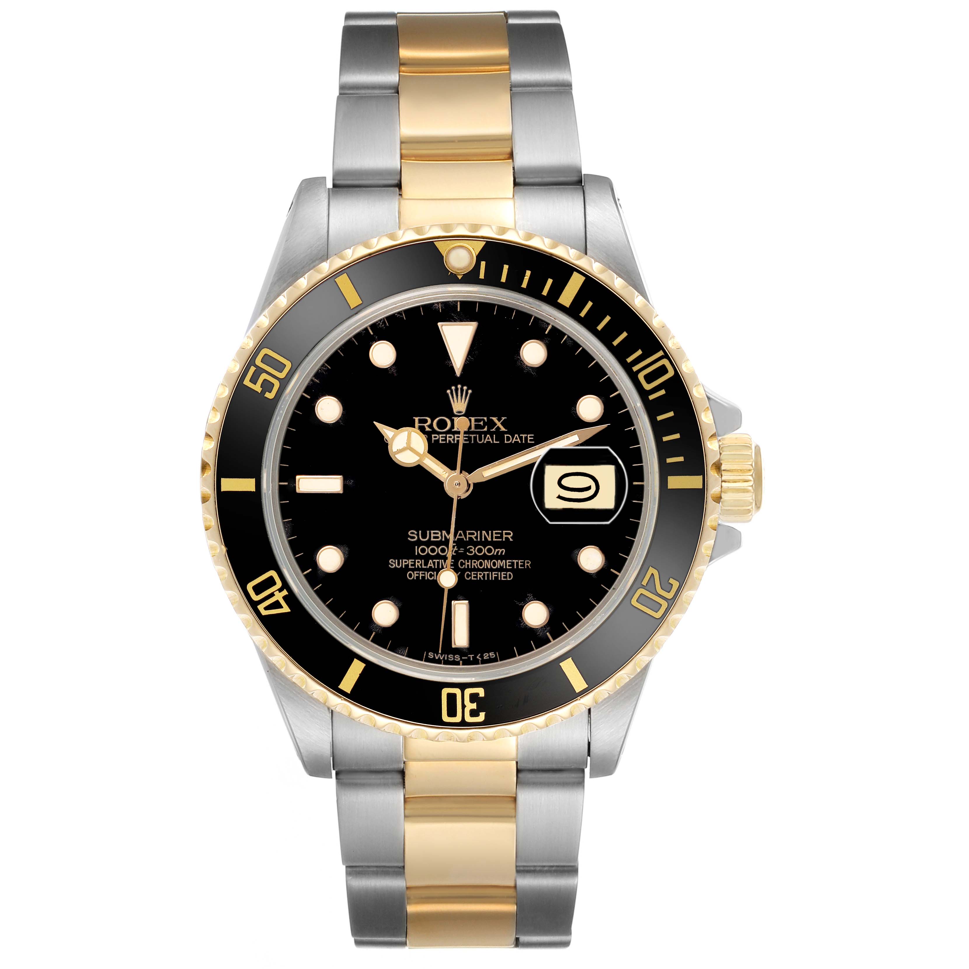The Rolex Submariner 16803 Men's Steel and Gold (two tone) Black Dial watch is shown from the front, displaying the dial, bezel, and two-tone bracelet.
