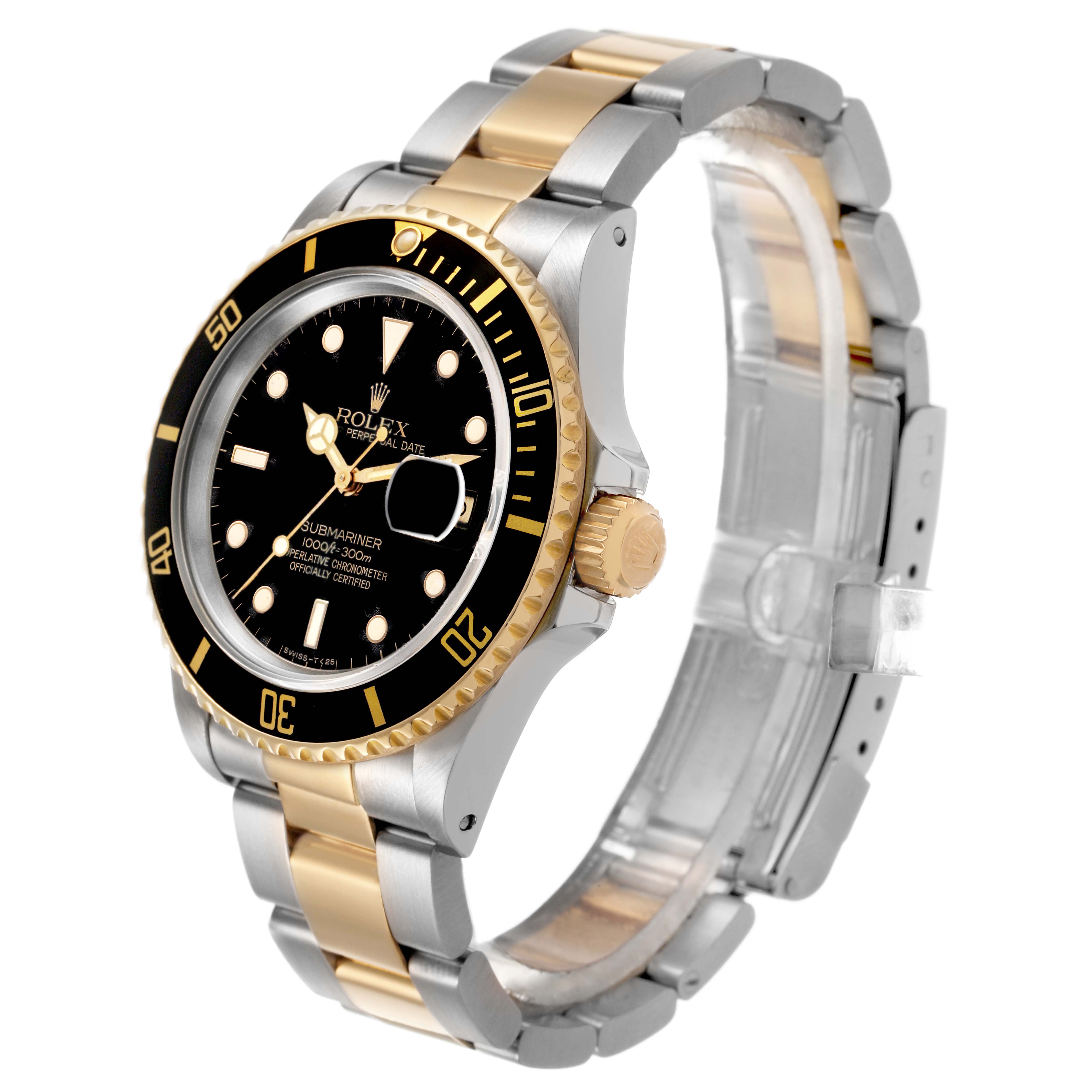The Rolex Submariner 16803 Men's Steel and Gold (two tone) Black Dial watch is shown at a three-quarter angle, highlighting the dial, bezel, side profile, and bracelet.