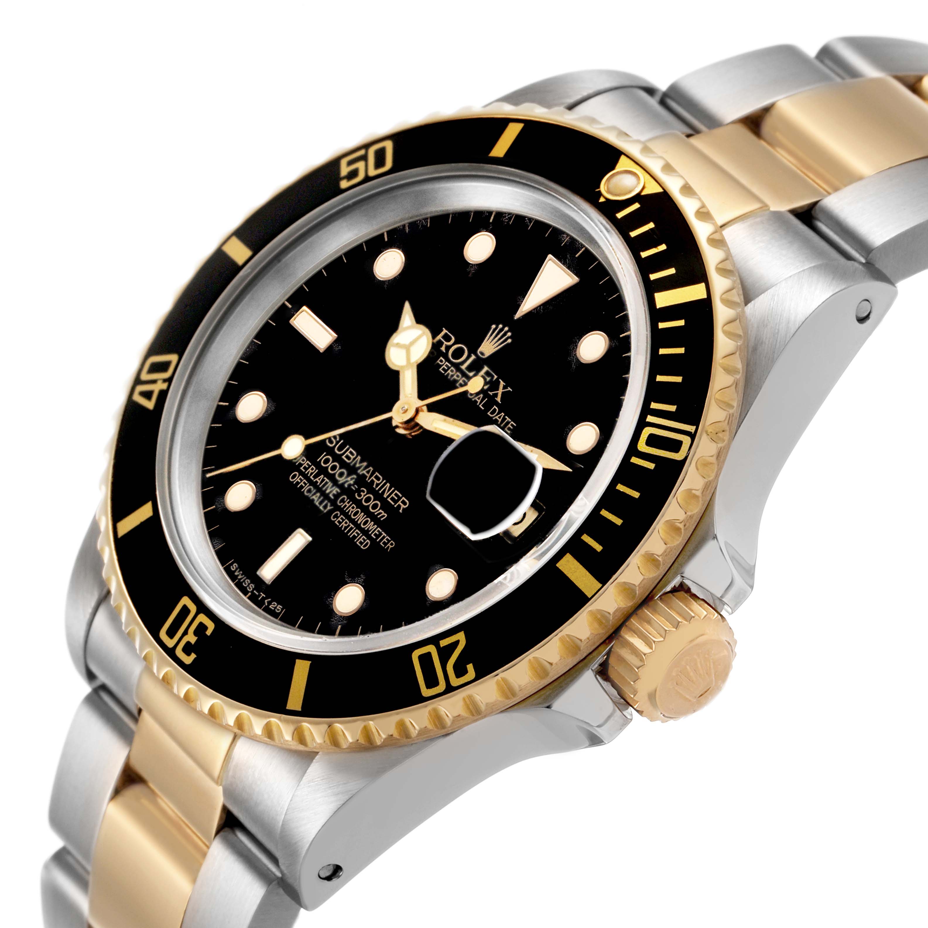 The Rolex Submariner 16803 Men's Steel and Gold (two tone) Black Dial is shown at an angled close-up, highlighting its black dial, gold details, and two-tone bracelet.