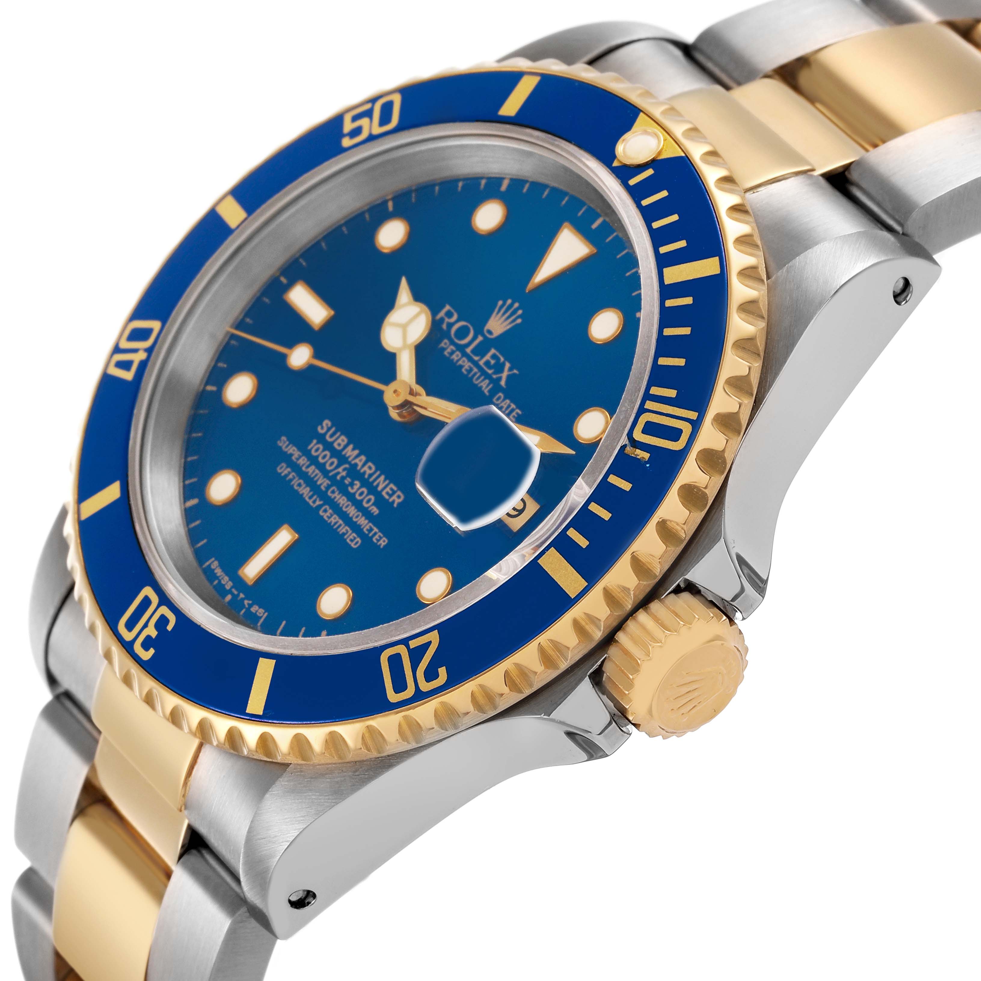 The image shows a close-up angle of the Rolex Submariner 16613LB Men's Stainless Steel Blue Dial watch, highlighting the blue dial, bezel, and two-tone bracelet.