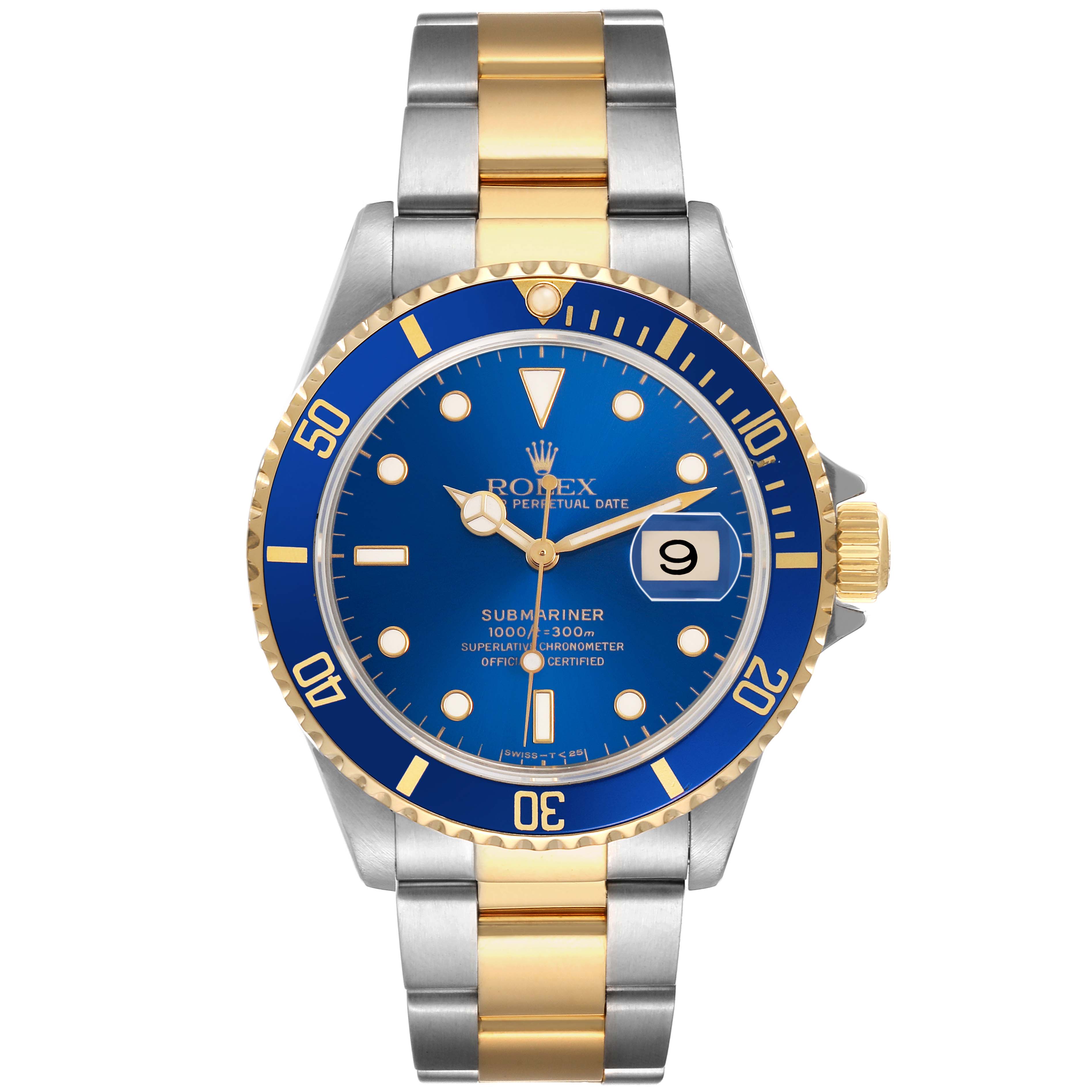 The Rolex Submariner 16613LB Men's Stainless Steel Blue Dial watch is shown from a front angle, highlighting its blue dial, bezel, and two-tone bracelet.