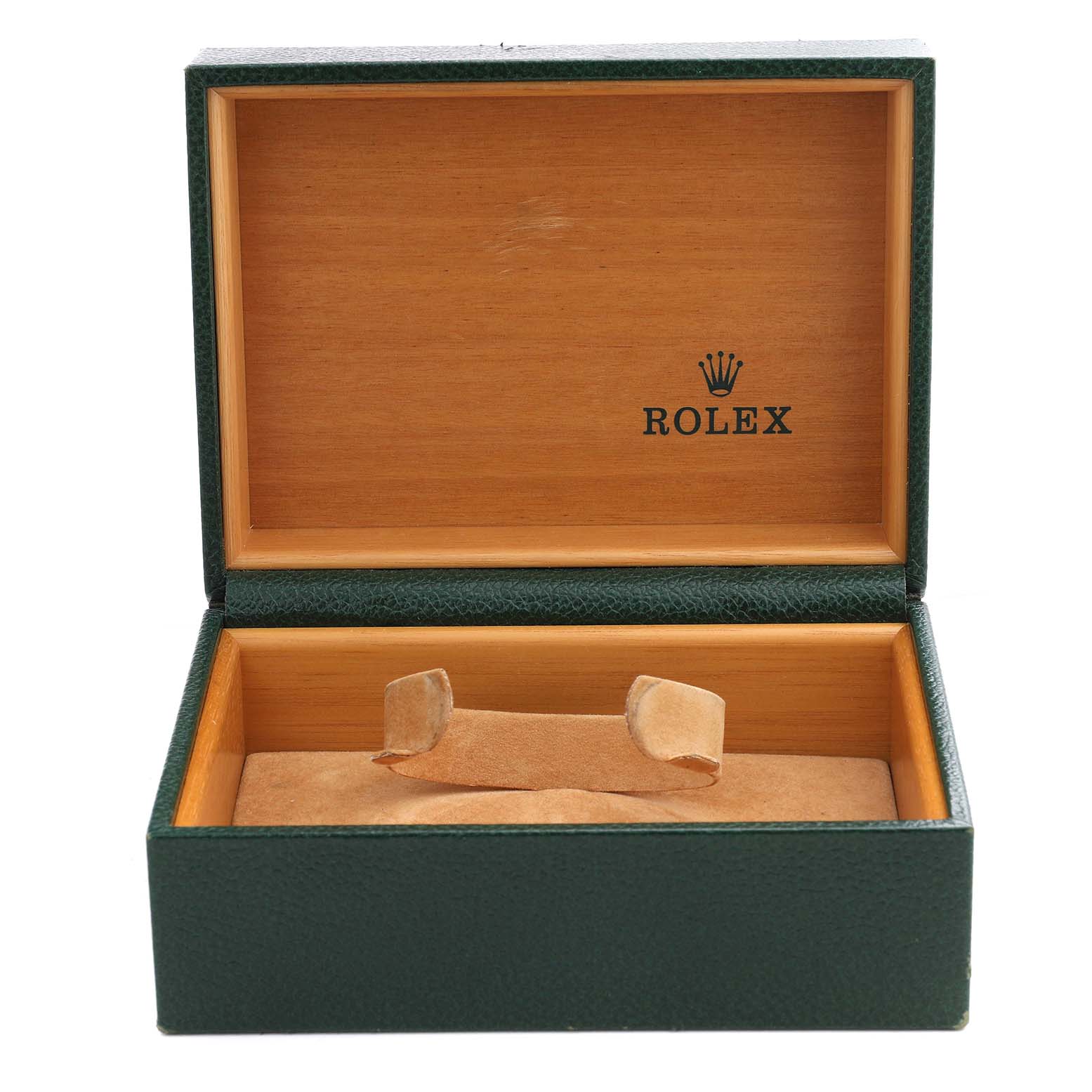 The image shows an open Rolex Submariner 16613LB Men's Stainless Steel Blue Dial watch box with a green exterior and beige interior, featuring the Rolex logo.
