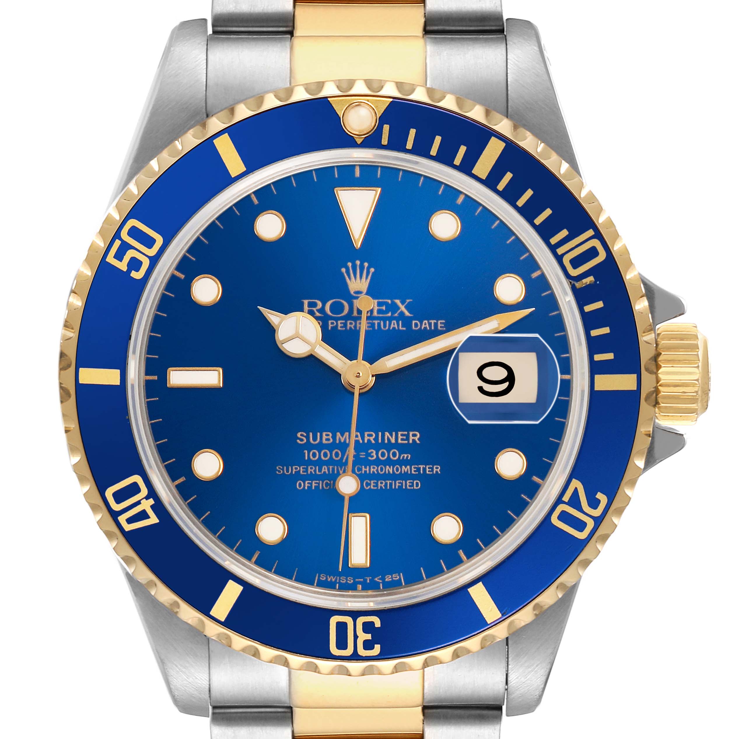 The Rolex Submariner 16613LB Men's Stainless Steel Blue Dial watch is shown from the front, displaying its blue dial, gold and blue bezel, and stainless steel and gold band.