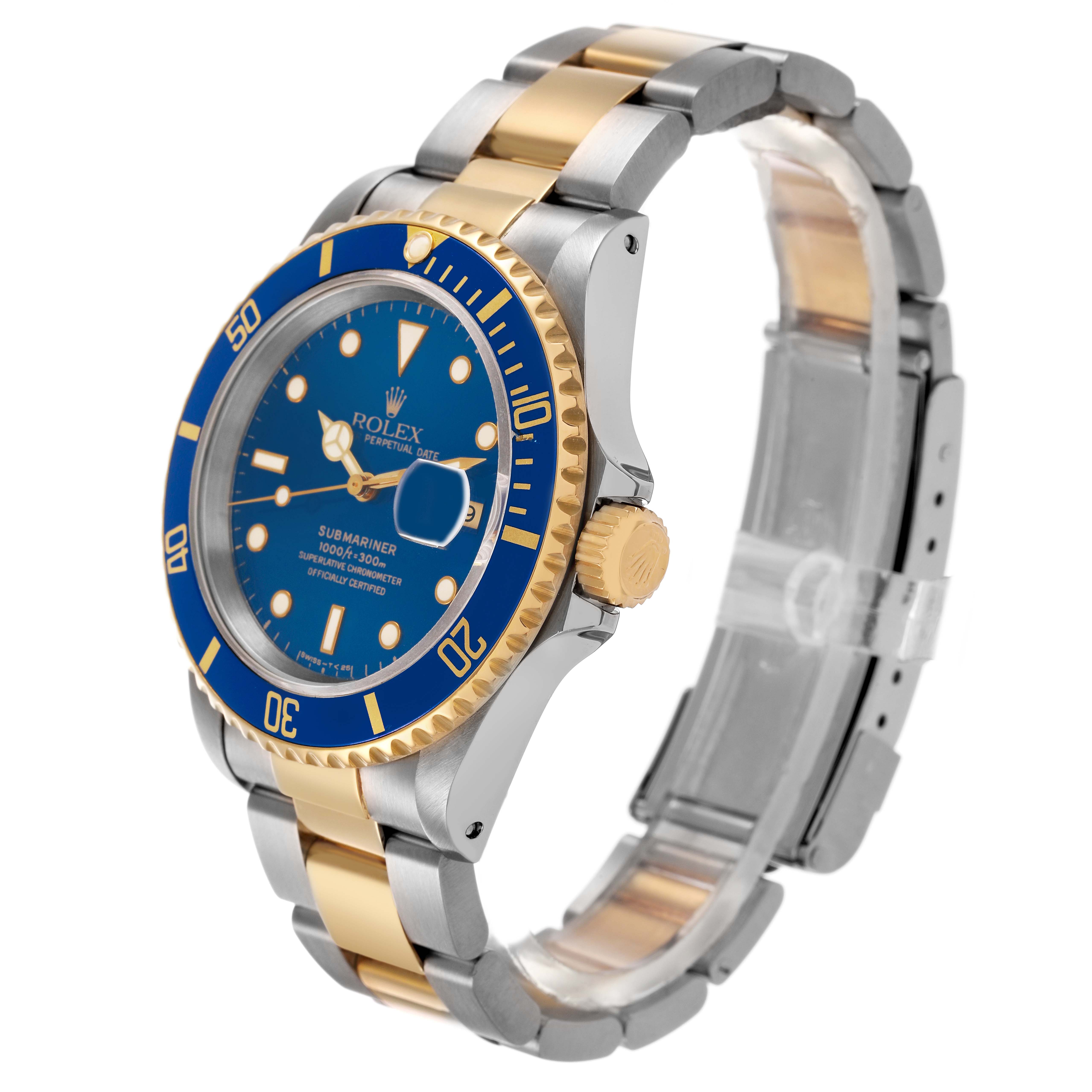 The Rolex Submariner 16613LB Men's Stainless Steel Blue Dial watch is shown at a three-quarter angle, highlighting the blue dial, bezel, crown, and two-tone bracelet.