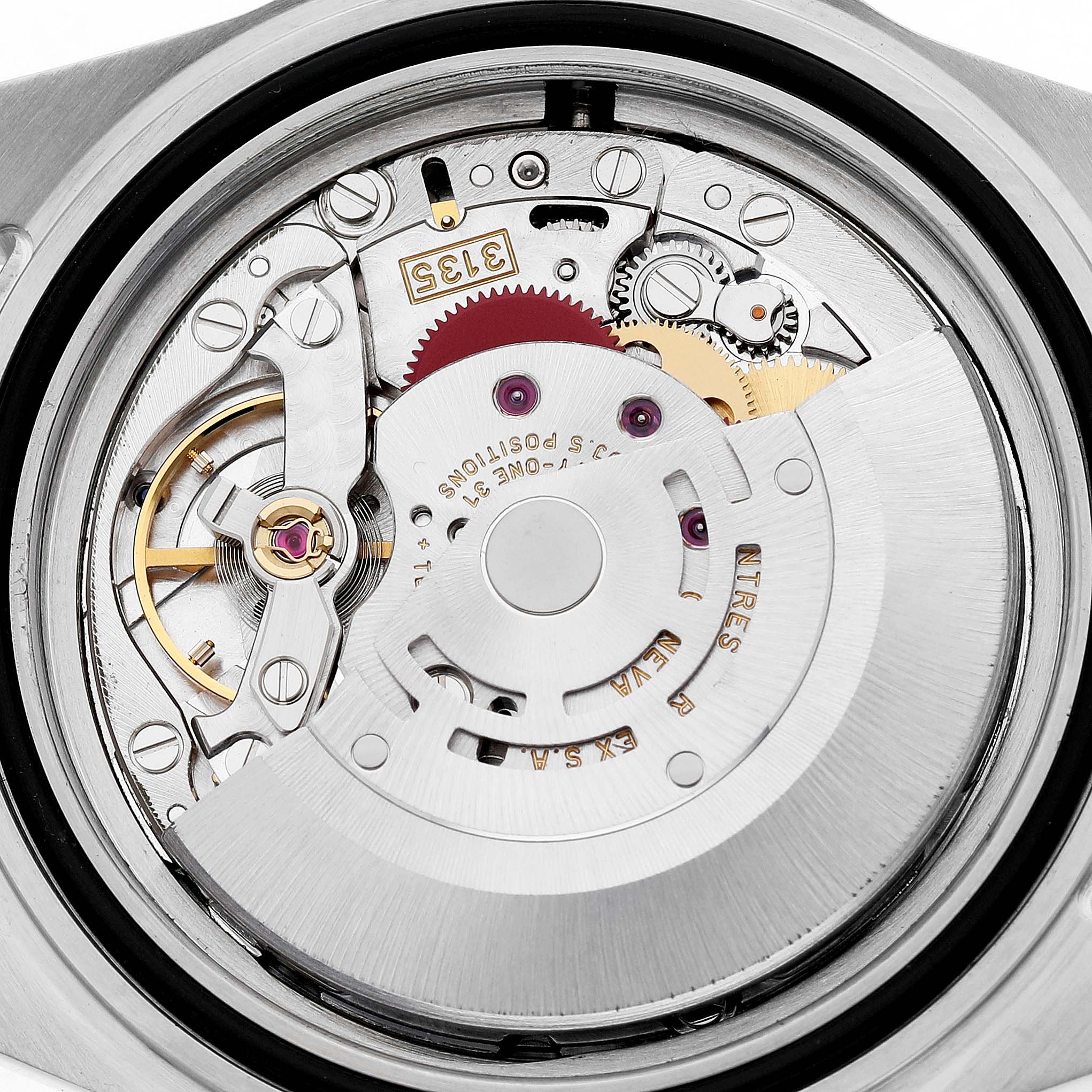 The image shows the back view of a Rolex Submariner 16613LB Men's Steel and Gold (two tone) Blue Dial, highlighting its intricate movement and mechanical parts.
