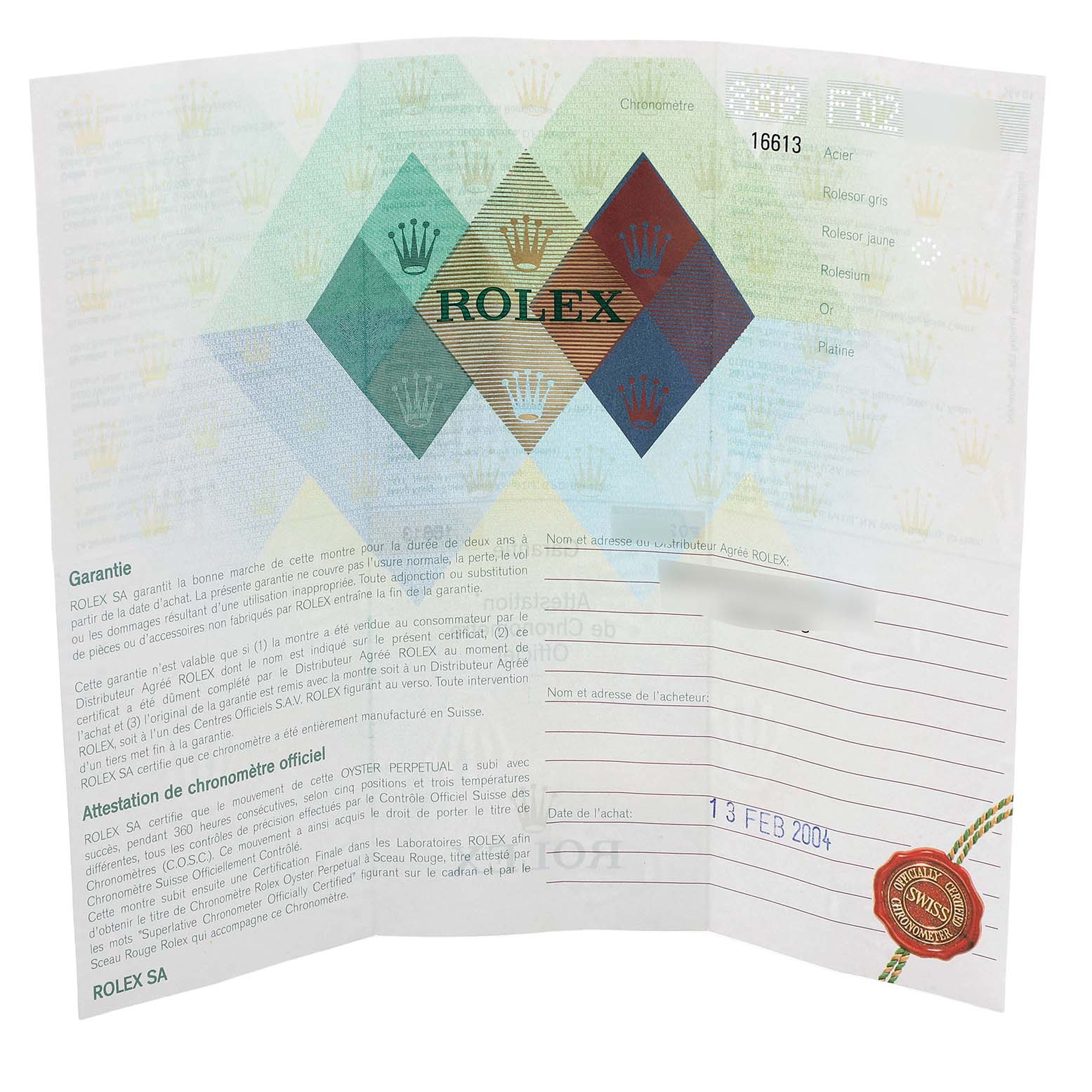 The image shows a warranty certificate for a Rolex Submariner 16613LB Men's Steel and Gold (two tone) Blue Dial, featuring the Rolex logo and purchase date.