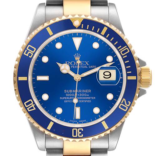 The image shows a front view of the Rolex Submariner 16613LB Men's Steel and Gold (two tone) Blue Dial watch, highlighting its blue dial, bezel, and gold and silver bracelet.