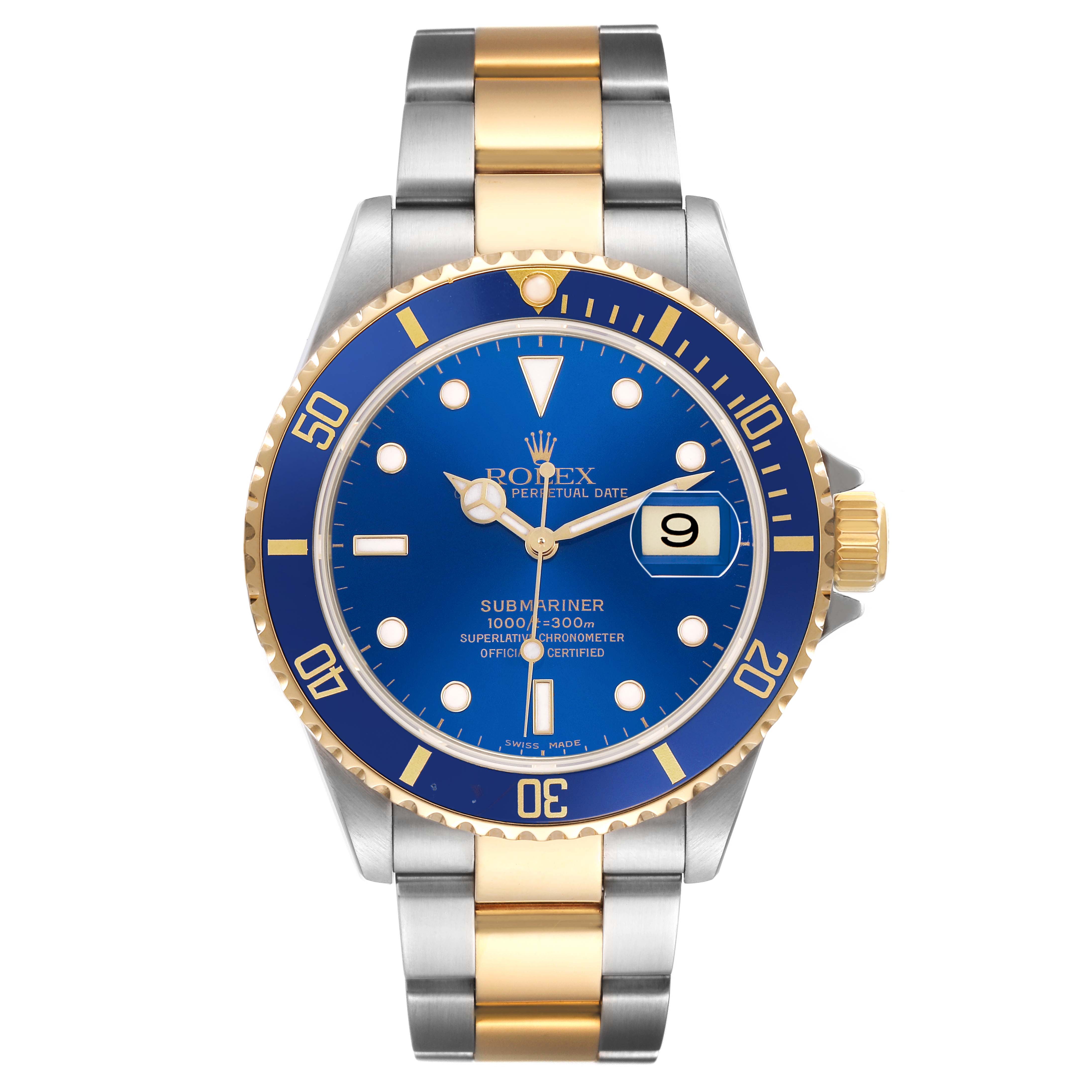 The Rolex Submariner 16613LB Men's Steel and Gold (two tone) Blue Dial watch is shown from the front, featuring the face, bezel, and bracelet.