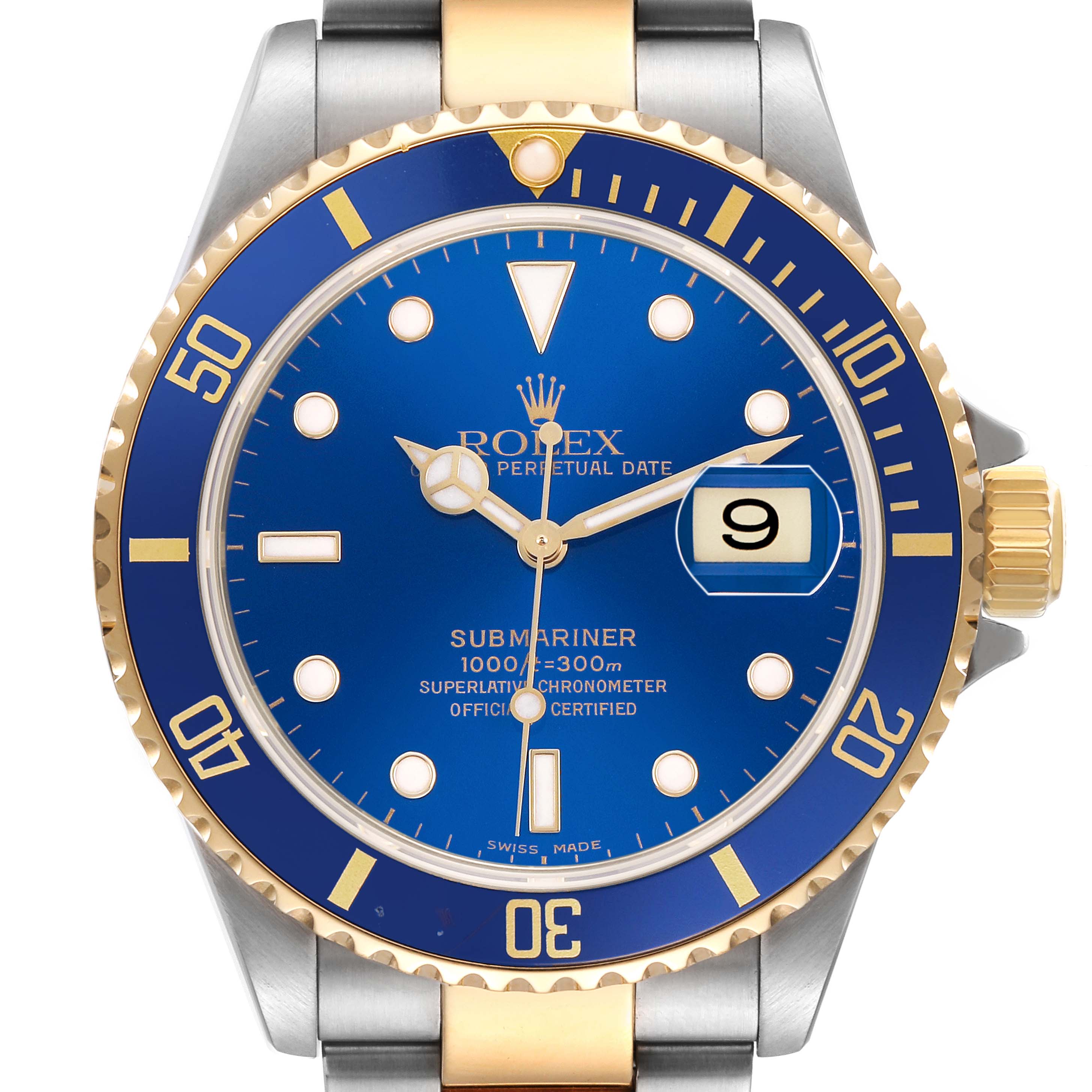 The Rolex Submariner 16613LB Men's Steel and Gold (two tone) Blue Dial watch is shown from a front angle, displaying its blue dial, gold bezel, and date window.