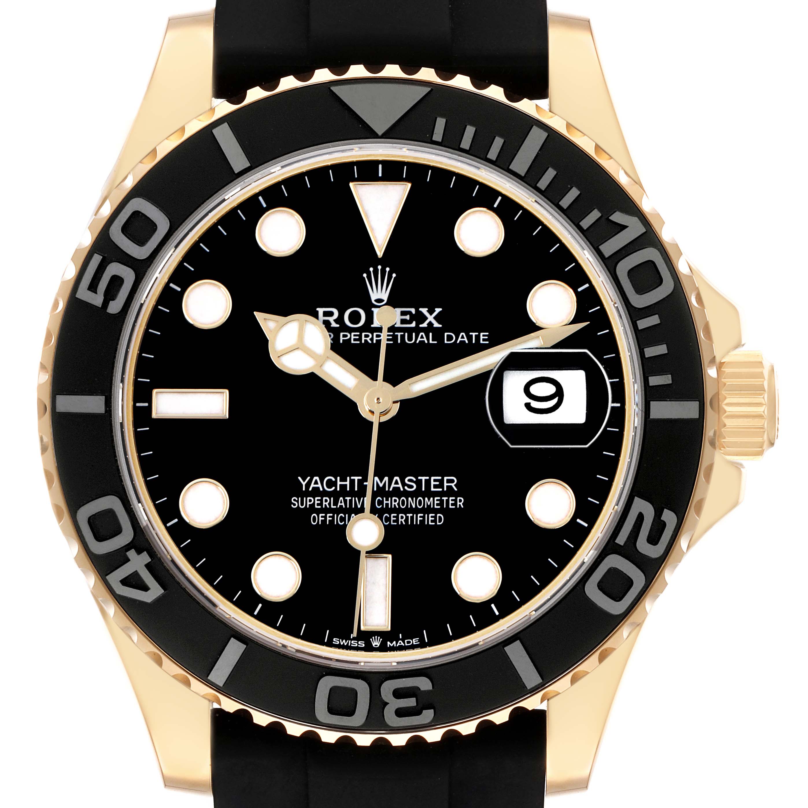 The Rolex Yacht-Master model 226658 is shown from a front angle, highlighting its black dial, gold case, and black bezel with a rubber strap.