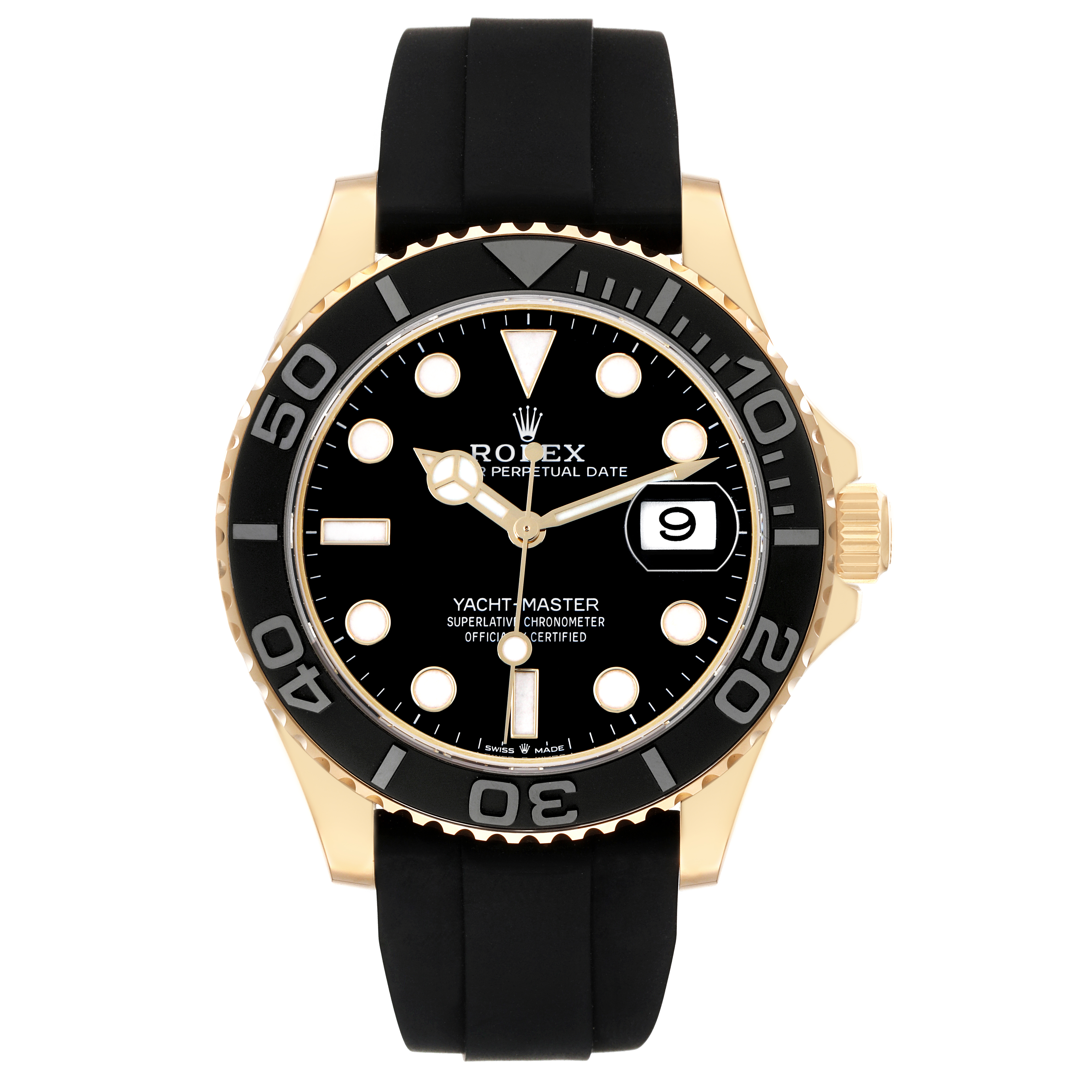 The Rolex Yacht-Master model 226658 is shown from the front, displaying the watch face, bezel, crown, and black strap.