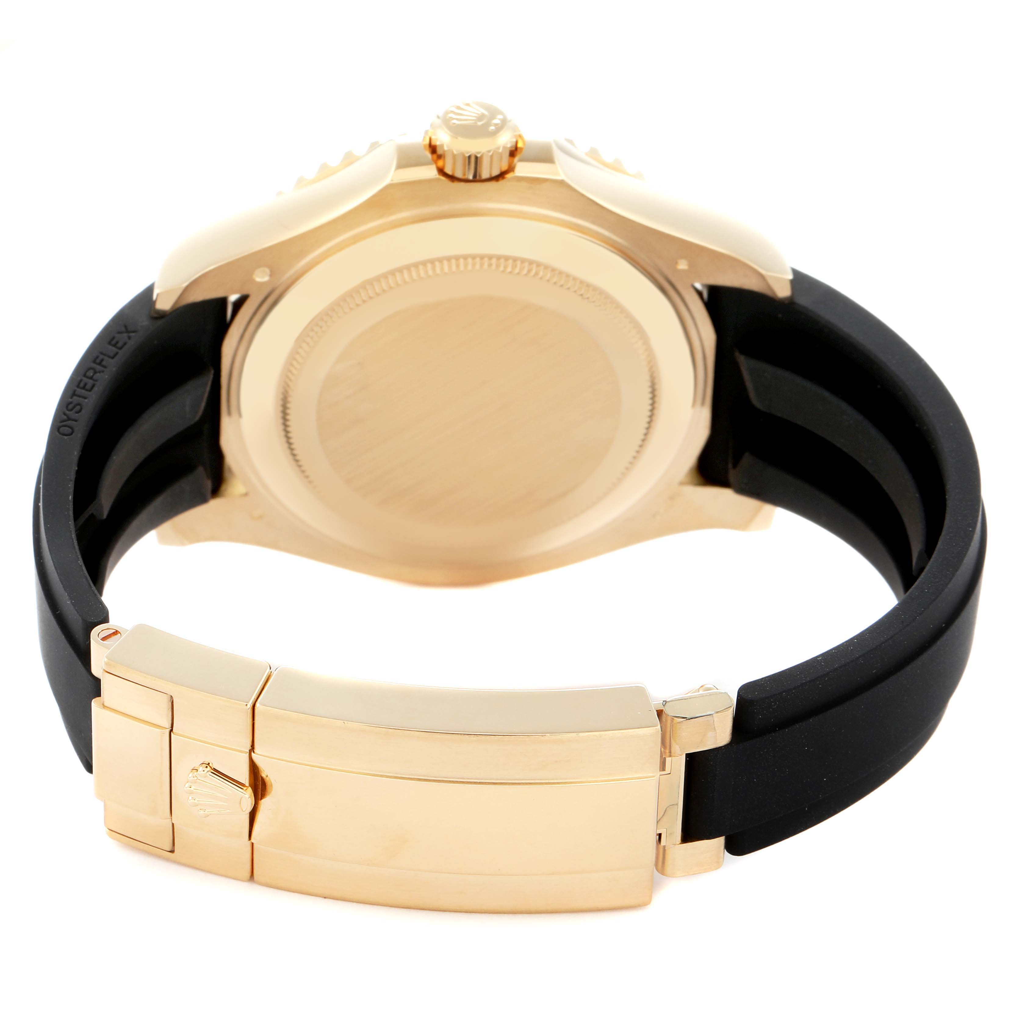 The image shows a Rolex Yacht-Master model 226658 from the back, highlighting the closed clasp, case back, and black strap.