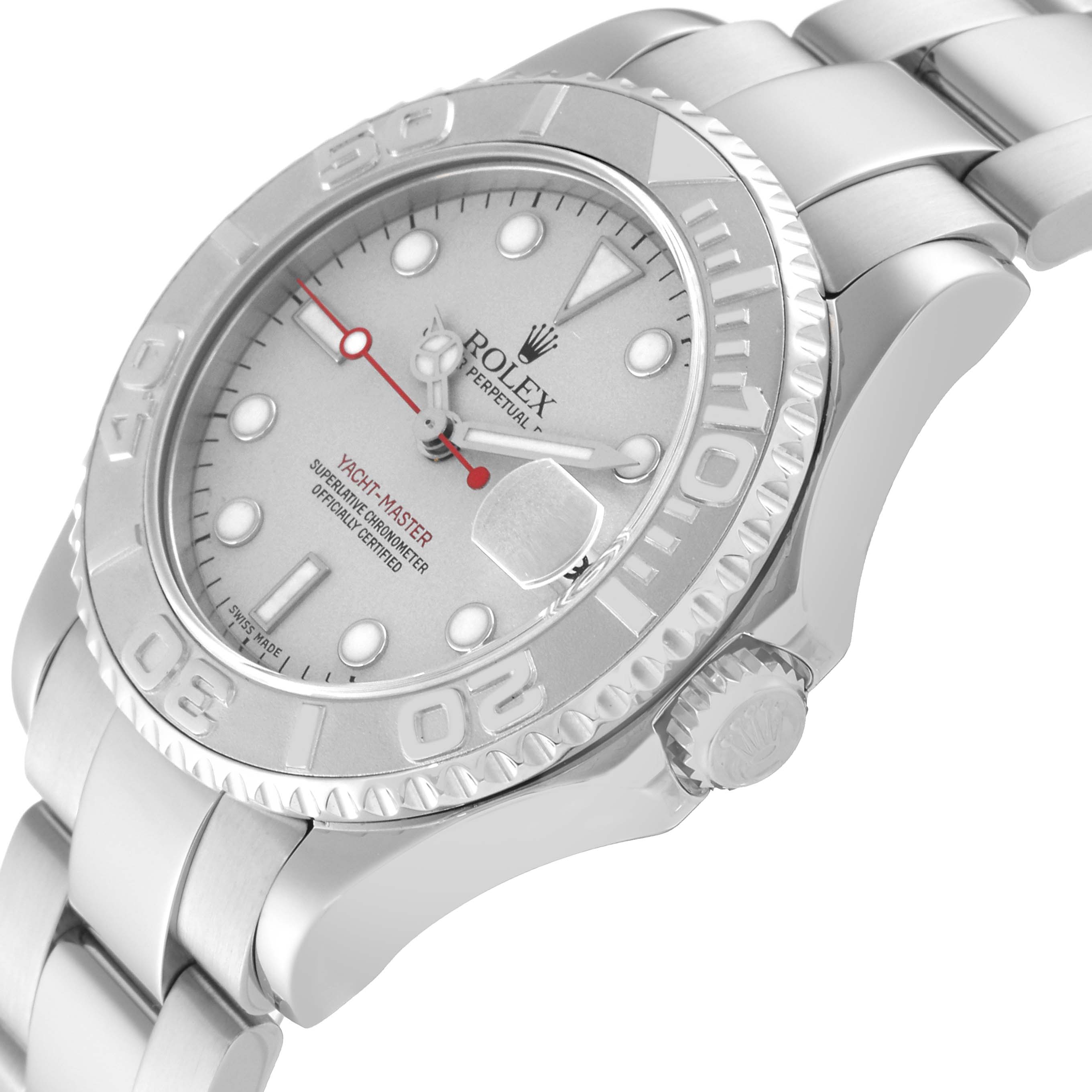 The image shows a Yacht-Master Rolex watch at an angled view, highlighting the dial, bezel, crown, and part of the bracelet.