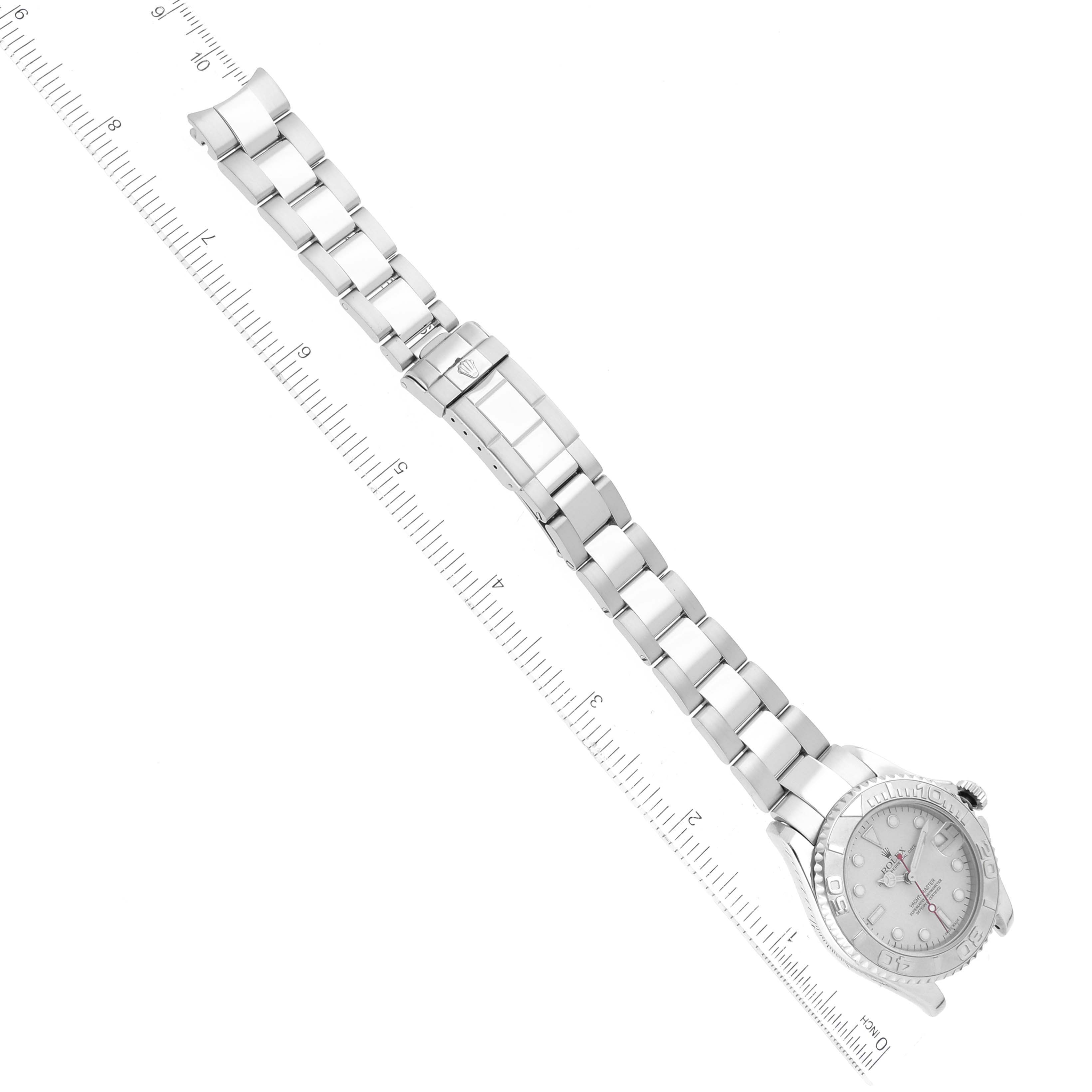 The image shows the entire Rolex Yacht-Master 168622 Men's Stainless Steel Grey Dial 168622 Men's Stainless Steel Grey Dial watch laying flat, with the face, bezel, bracelet, and clasp visible.