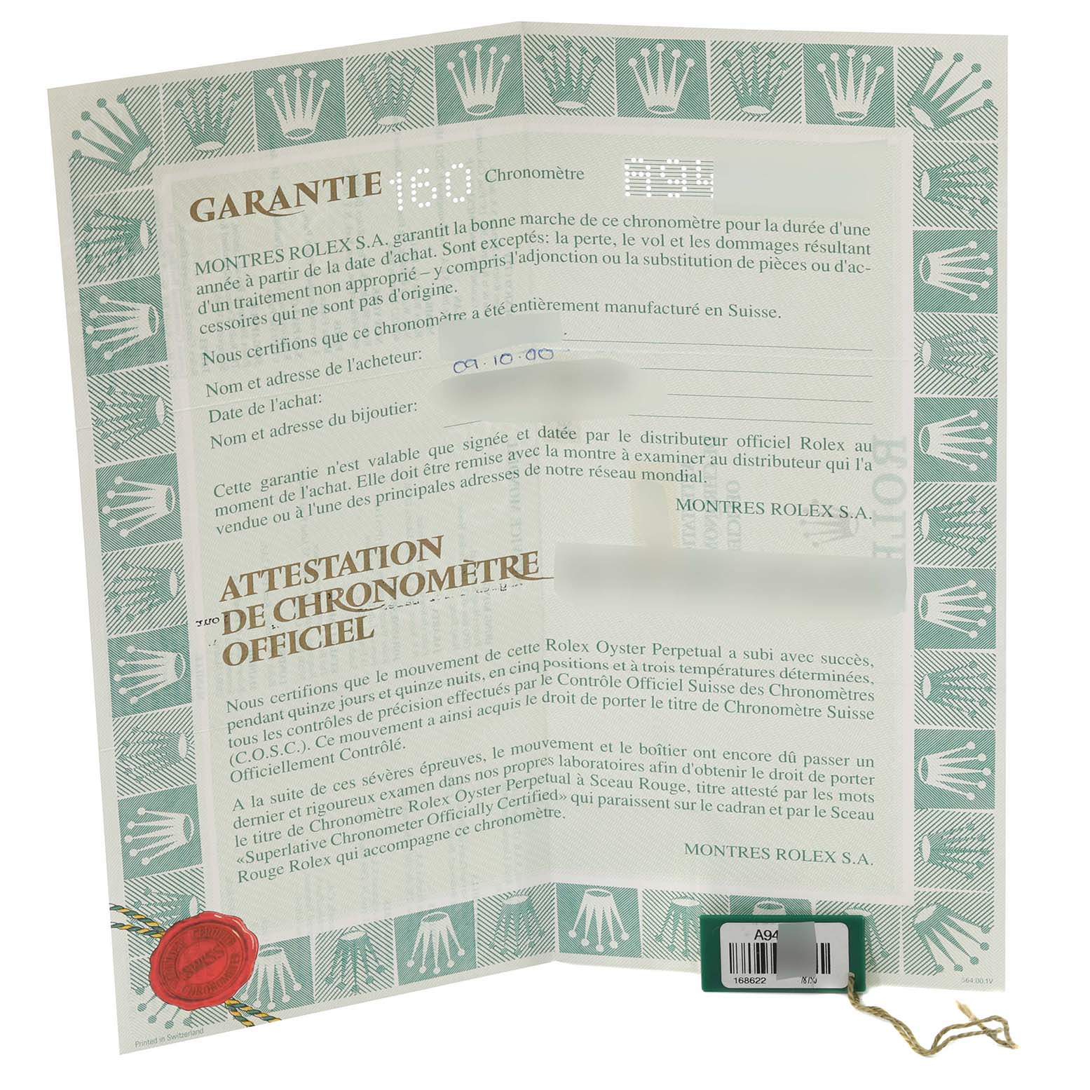 The image shows the warranty and chronometer certification documents for the Rolex Yacht-Master 168622 Men's Stainless Steel Grey Dial 168622 Men's Stainless Steel Grey Dial watch.