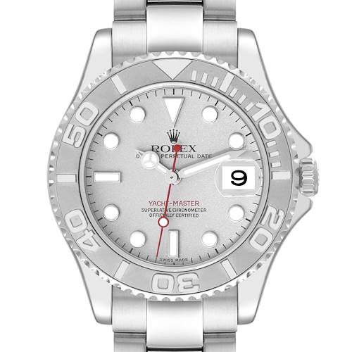 This image shows a frontal view of the Rolex Yacht-Master watch, highlighting its dial, bezel, and bracelet.