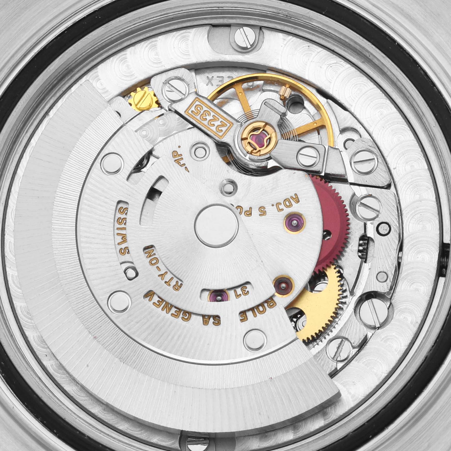 This image shows a detailed view of the internal movement mechanism of a Rolex Yacht-Master 168622 Men's Stainless Steel Grey Dial 168622 Men's Stainless Steel Grey Dial watch.