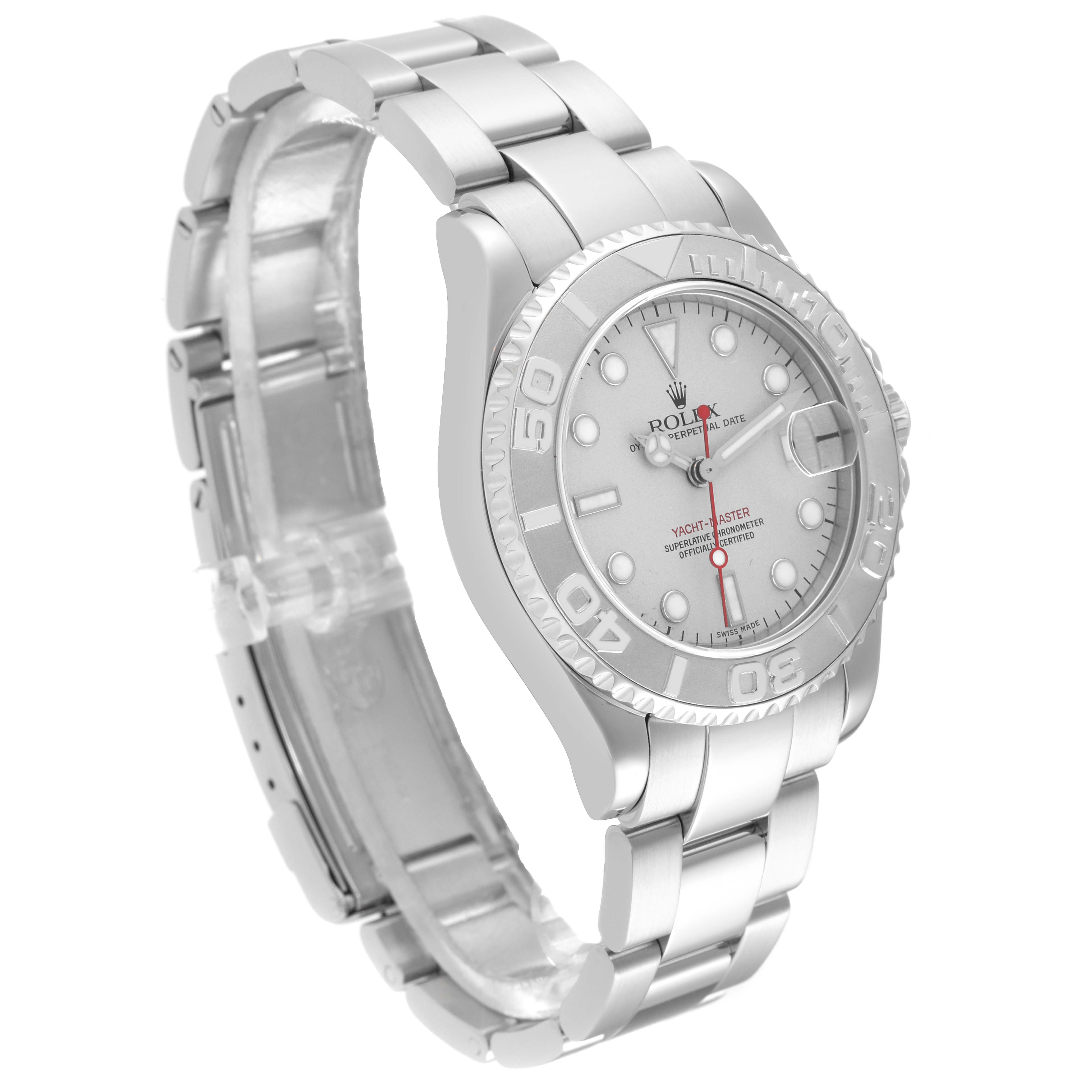 The Yacht-Master by Rolex is shown at a left three-quarter angle, displaying the full face, bezel, and bracelet.