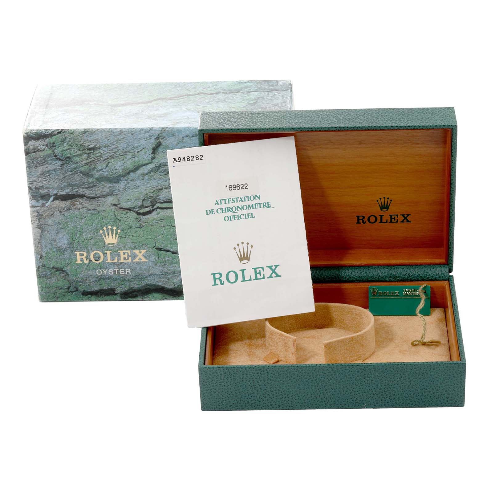 The image shows the box, official attestation paper, and cushion for a Rolex Yacht-Master 168622 Men's Stainless Steel Grey Dial 168622 Men's Stainless Steel Grey Dial watch.