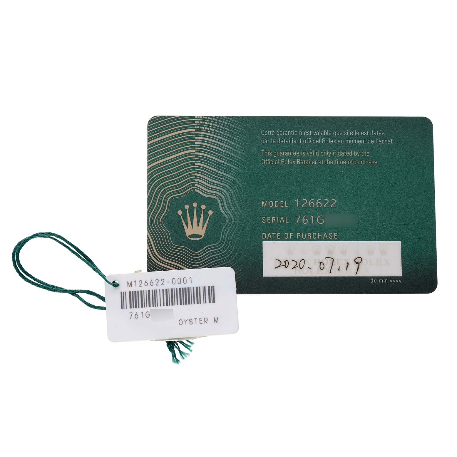 The image shows a Rolex Yacht-Master M126622-0001 Men's Stainless Steel Grey Dial warranty card and a tag with model and serial numbers.