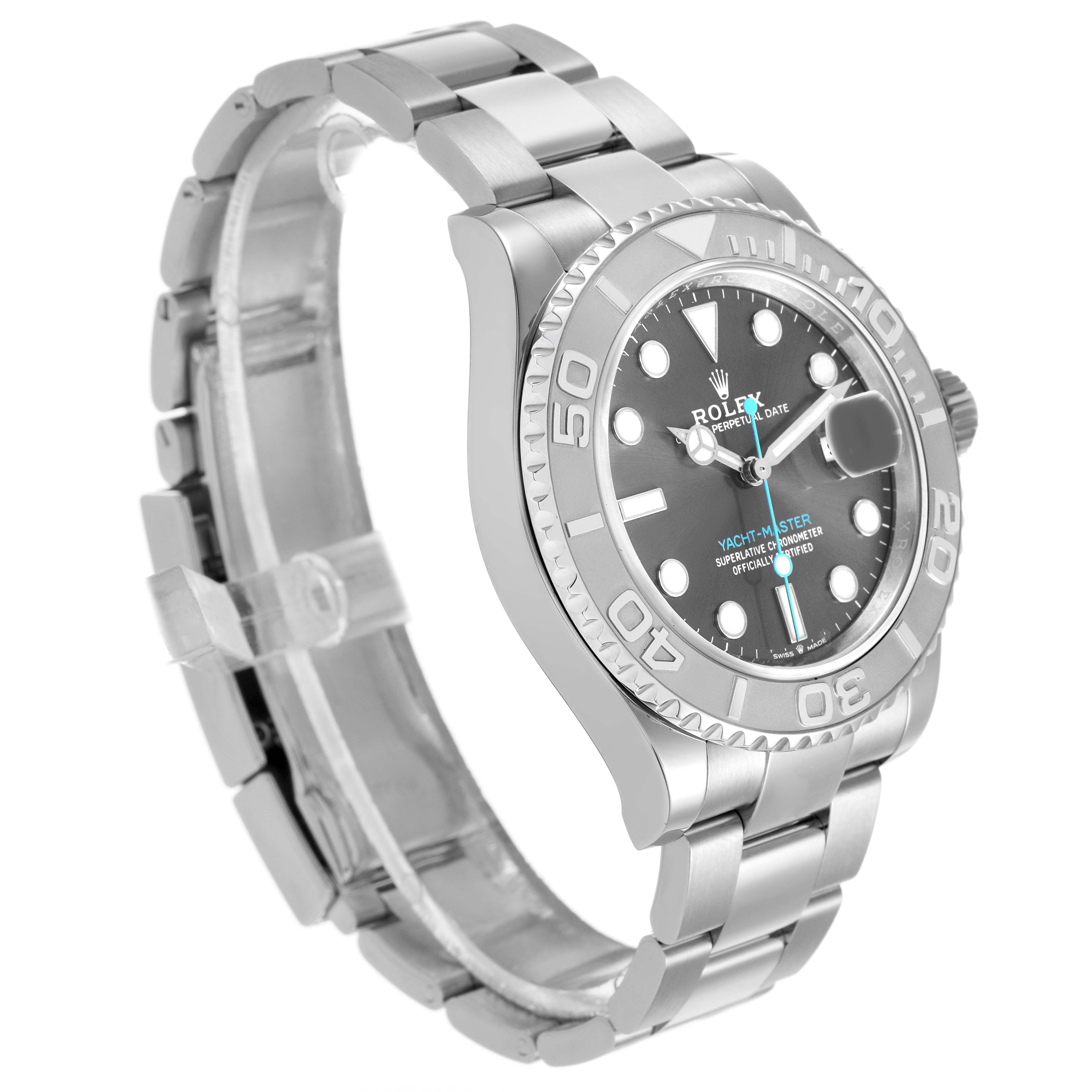 The Rolex Yacht-Master M126622-0001 Men's Stainless Steel Grey Dial watch is shown at a three-quarter angle, highlighting the bezel, dial, and bracelet.