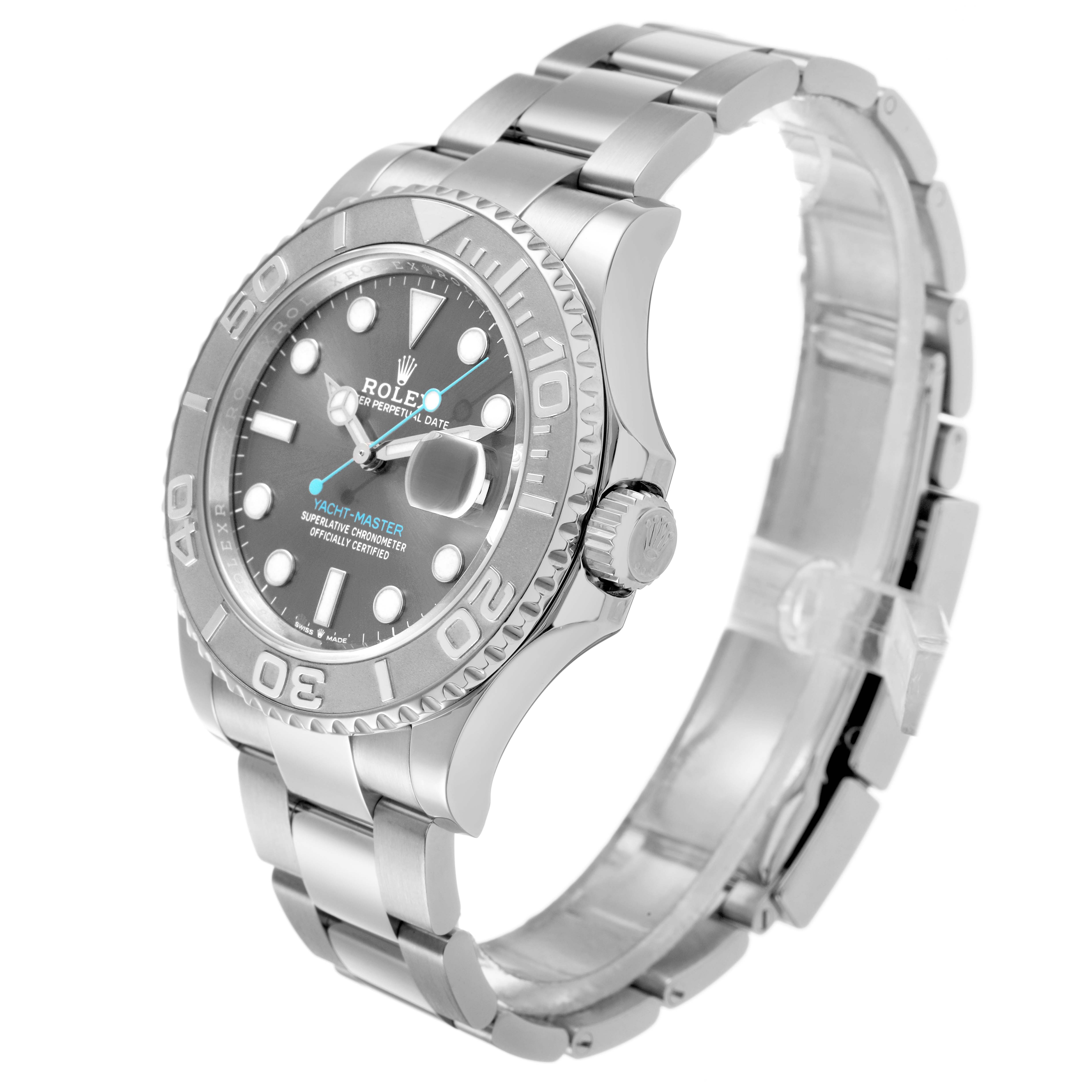 The Rolex Yacht-Master M126622-0001 Men's Stainless Steel Grey Dial watch is shown at a three-quarter angle, highlighting its bezel, dial, crown, and bracelet.