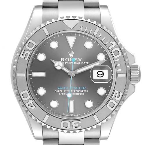 The Rolex Yacht-Master M126622-0001 Men's Stainless Steel Grey Dial watch is shown from a front angle, displaying the dial, hands, bezel, and bracelet.