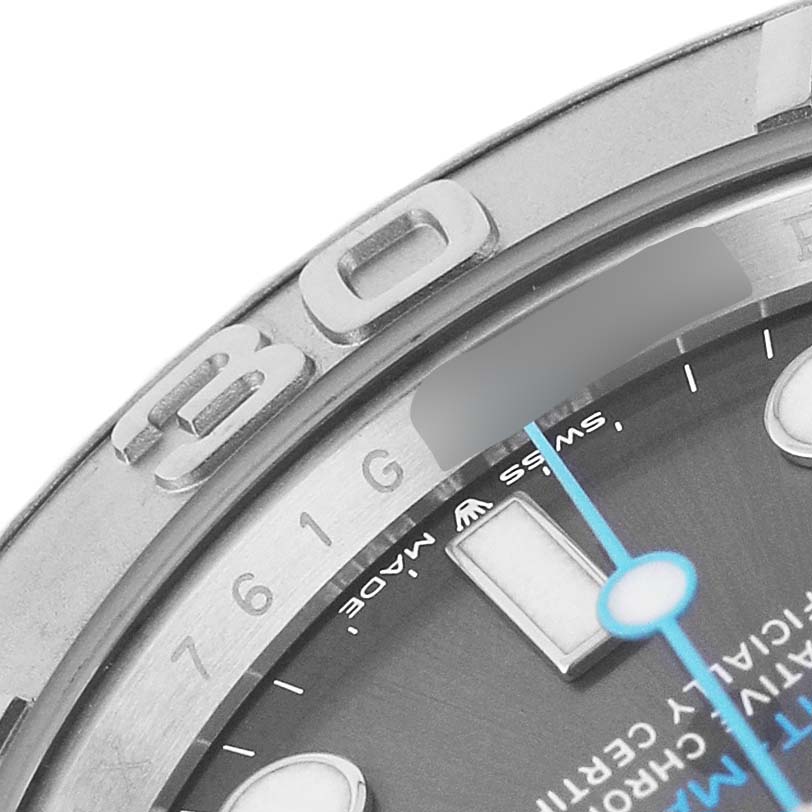 The image shows a close-up of the bezel and part of the dial of a Rolex Yacht-Master M126622-0001 Men's Stainless Steel Grey Dial watch, highlighting the 30-minute marker and surrounding details.