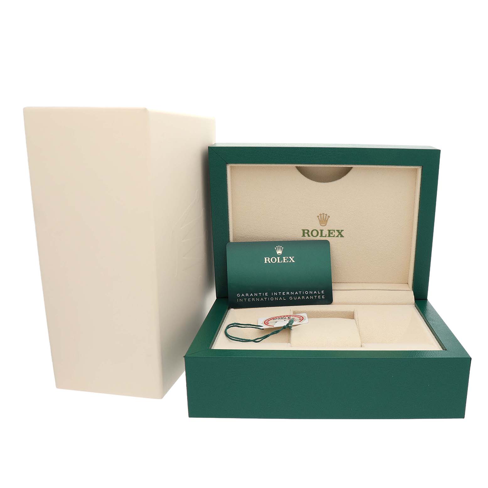 The image shows an open Rolex Yacht-Master M126622-0001 Men's Stainless Steel Grey Dial box with a guarantee card and tag inside.