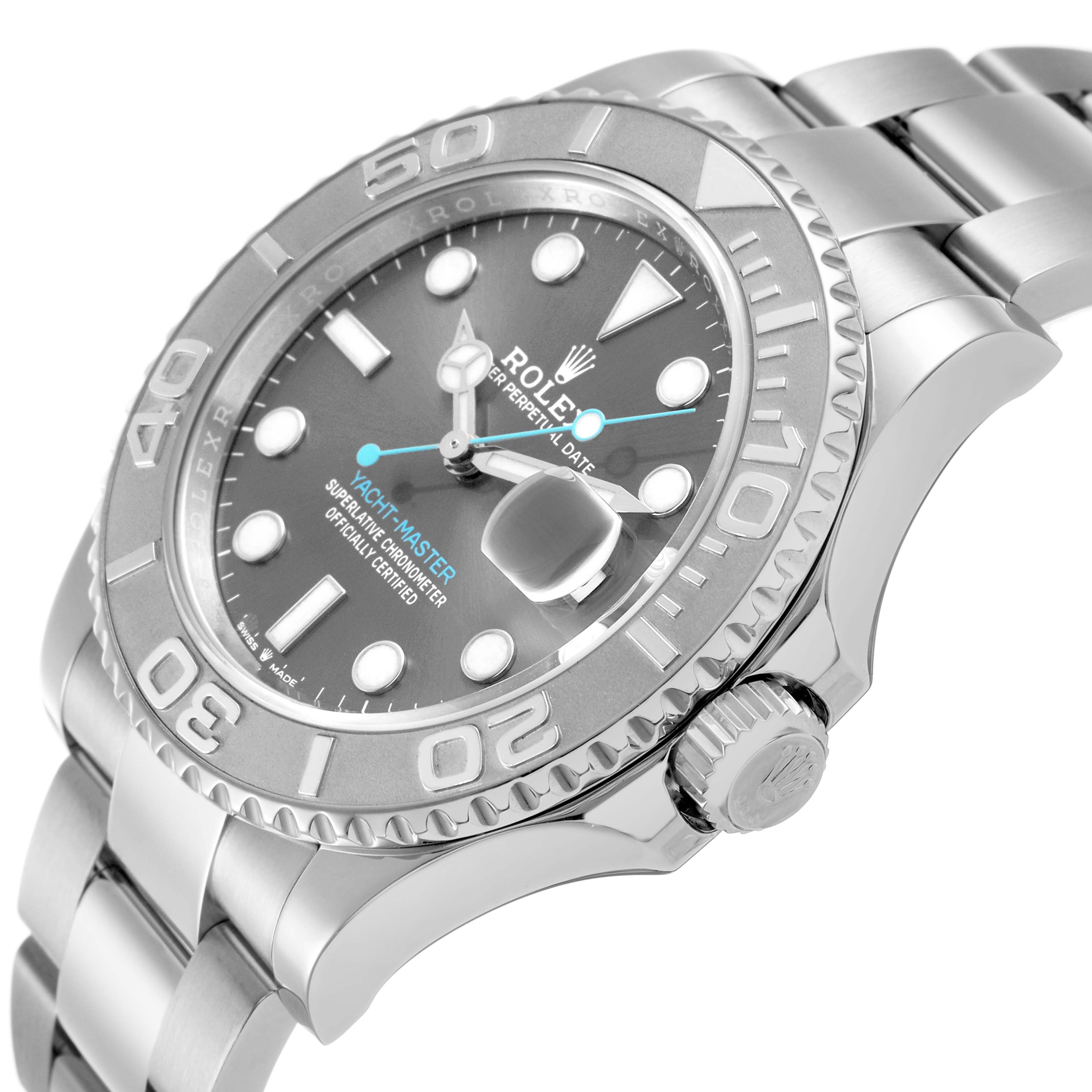 The Rolex Yacht-Master M126622-0001 Men's Stainless Steel Grey Dial watch is shown from a front diagonal angle, displaying the bezel, bracelet, and crown.