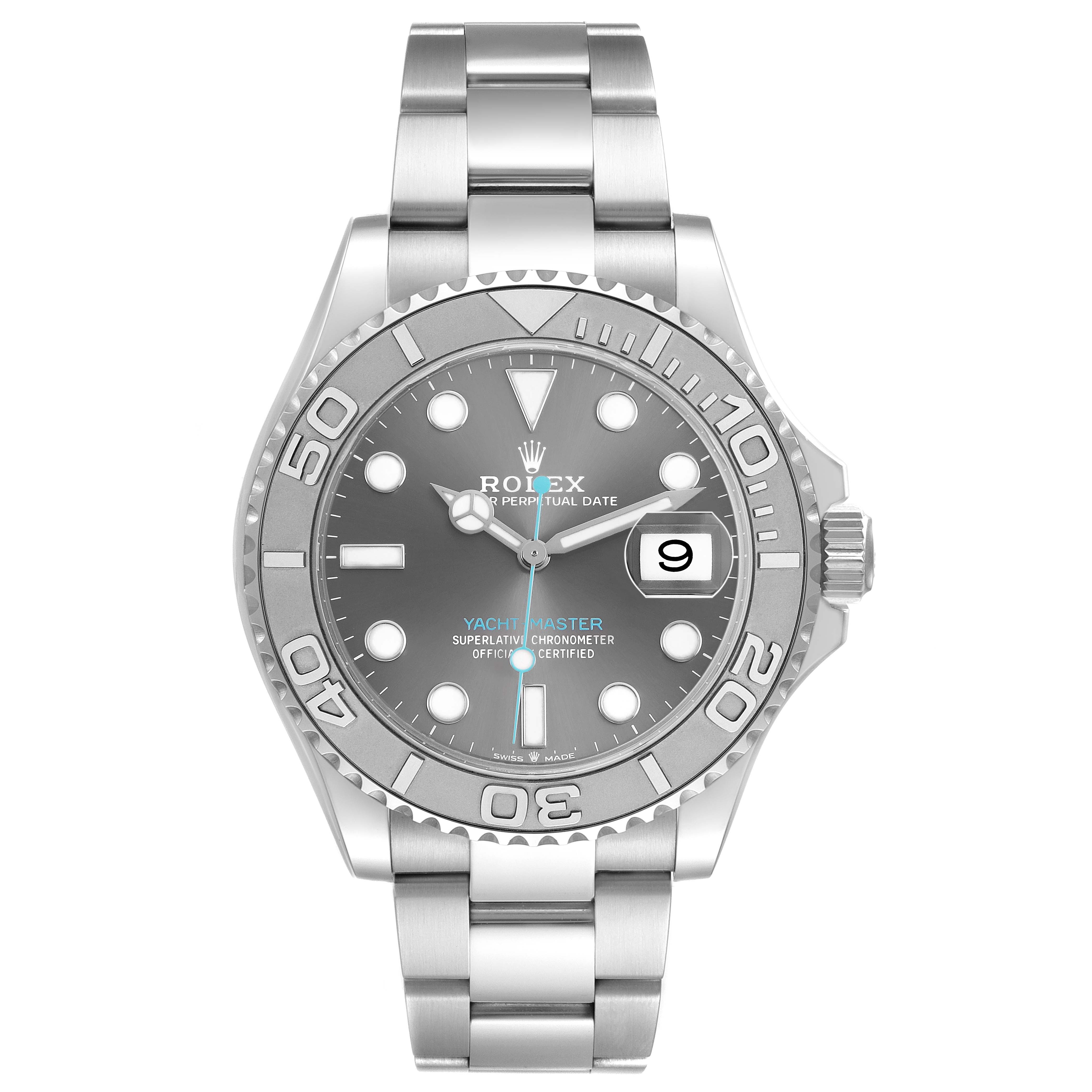 The Rolex Yacht-Master M126622-0001 Men's Stainless Steel Grey Dial watch is shown from a front angle, displaying the dial, bezel, and bracelet clearly.