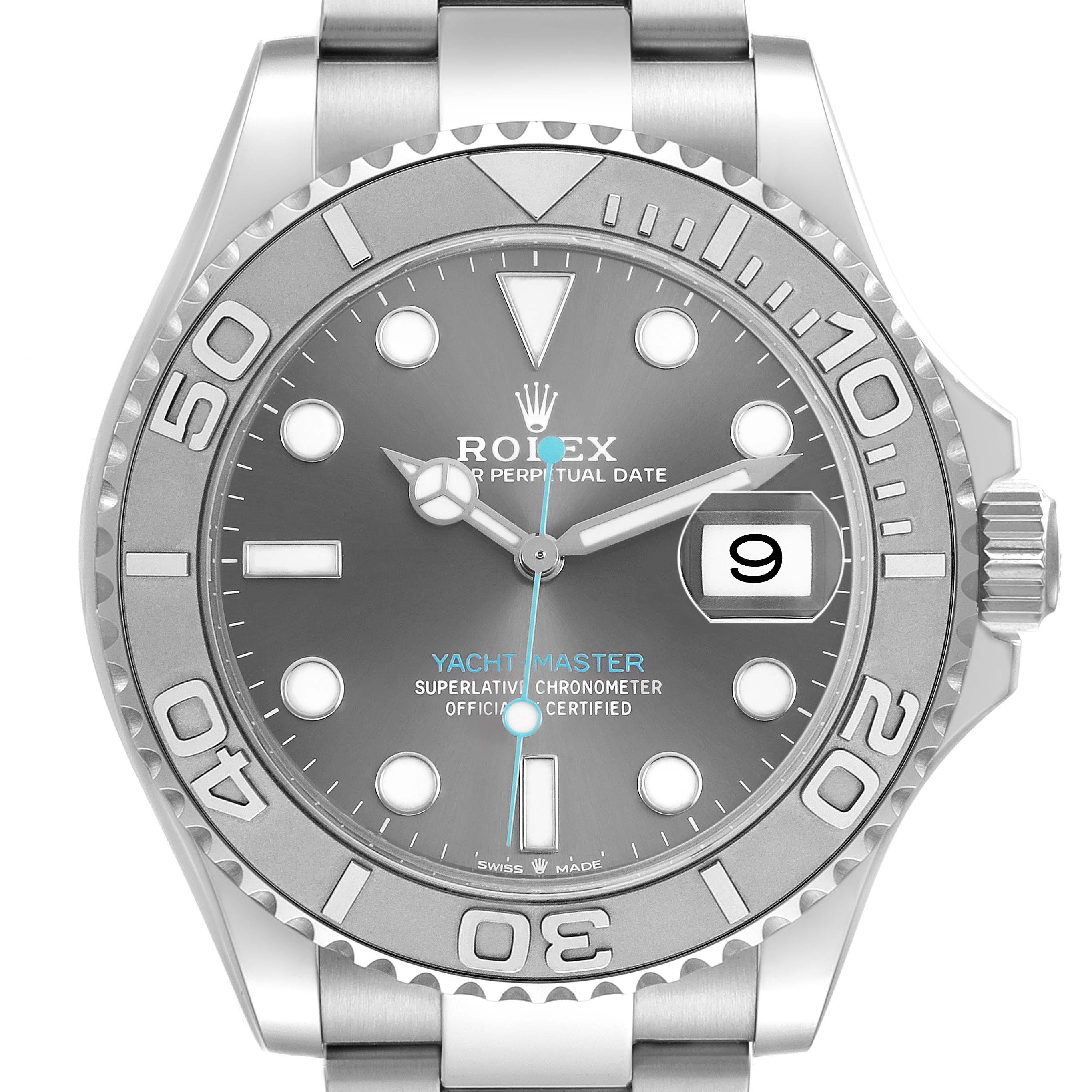 The Rolex Yacht-Master M126622-0001 Men's Stainless Steel Grey Dial watch is shown from the front, highlighting its bezel, dial, hands, and date window.